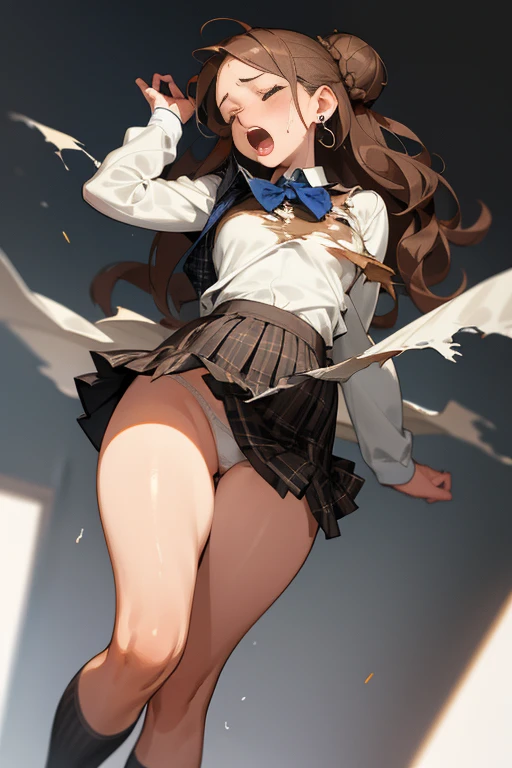 Realistic and detailed image of a girl in a school uniform with pleated plaid mini skirt, long wavy brown hair in a side bun, earrings, long eyelashes. small breasts, slim waist, very wide hips and thick thighs BREAK (closed eyes, screaming, tottering, falling, torn clothes white underwear, :o, tearful eyes:1.3)