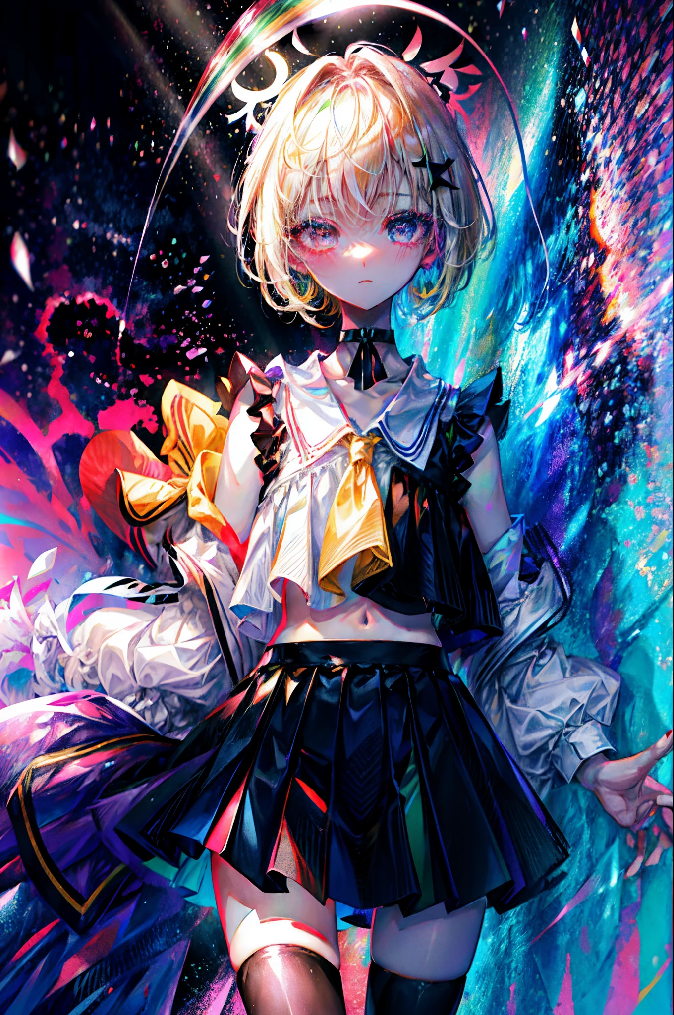 Rainbow on background、Irridescent color、colourfull、top-quality、超A high resolution、(Photorealsitic:1.4)、Female 1 Person、Sleeveless white buttoned shirt、Black skirt、Black Choker、cute little、(Kpop Idle)、(attractiveness:1)、(Platinum Blonde Hair:1)、((Puffy eyes))、Look at the viewer、full body Esbian、Facing the front