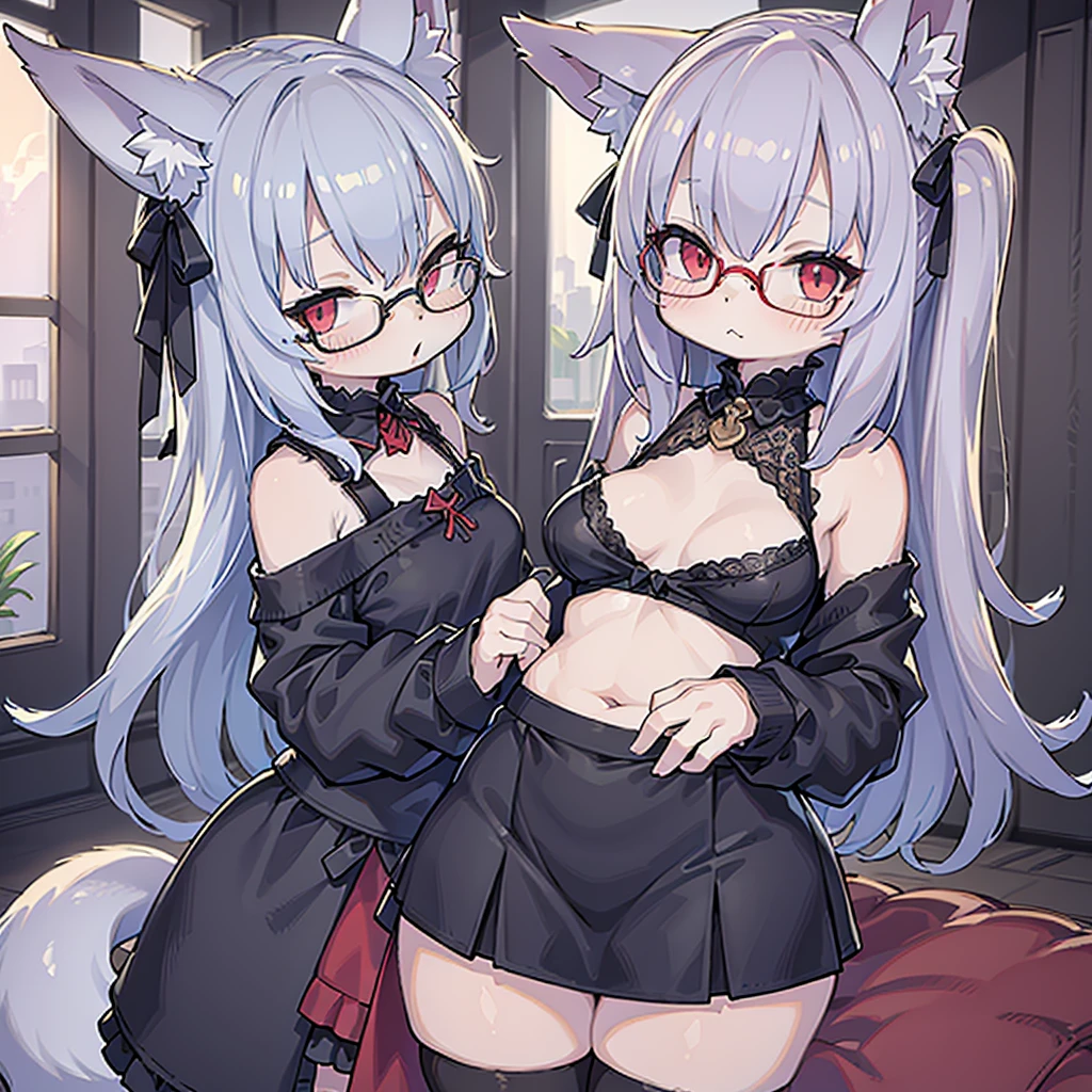 ((The best piece)),((​masterpiece)), (ultra-detailliert), (illustratio), (detaileds), (very cute and beautiful), girl with, cute  face, The upper part of the body,a miniskirt, Red eyes, Silvery hair,Off-the-shoulder clothing,frilld,Lori, big boobs,large full breasts,Fluttering chest,Clothes in black tones,Wearing glasses,Fox ears,Gothic punk,Gospan,Fluffy tail,
