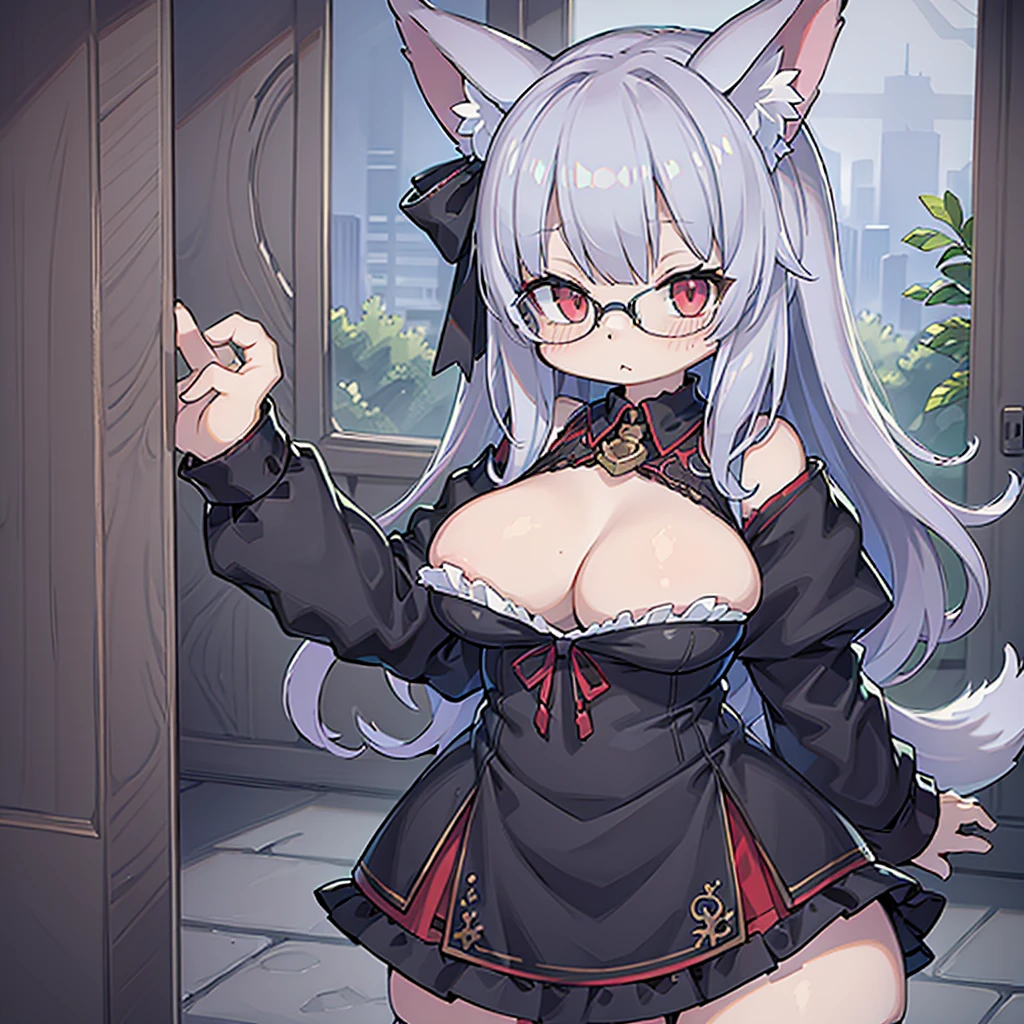 ((The best piece)),((masterpiece)), (ultra-detailliert), (illustratio), (detaileds), (very cute and beautiful), girl with, cute face, The upper part of the body,a miniskirt, Red eyes, Silvery hair,Off-the-shoulder clothing,frilld,Lori, big boobs,large full breasts,Fluttering chest,Clothes in black tones,Wearing glasses,Fox ears,Gothic punk,Gospan,Fluffy tail,