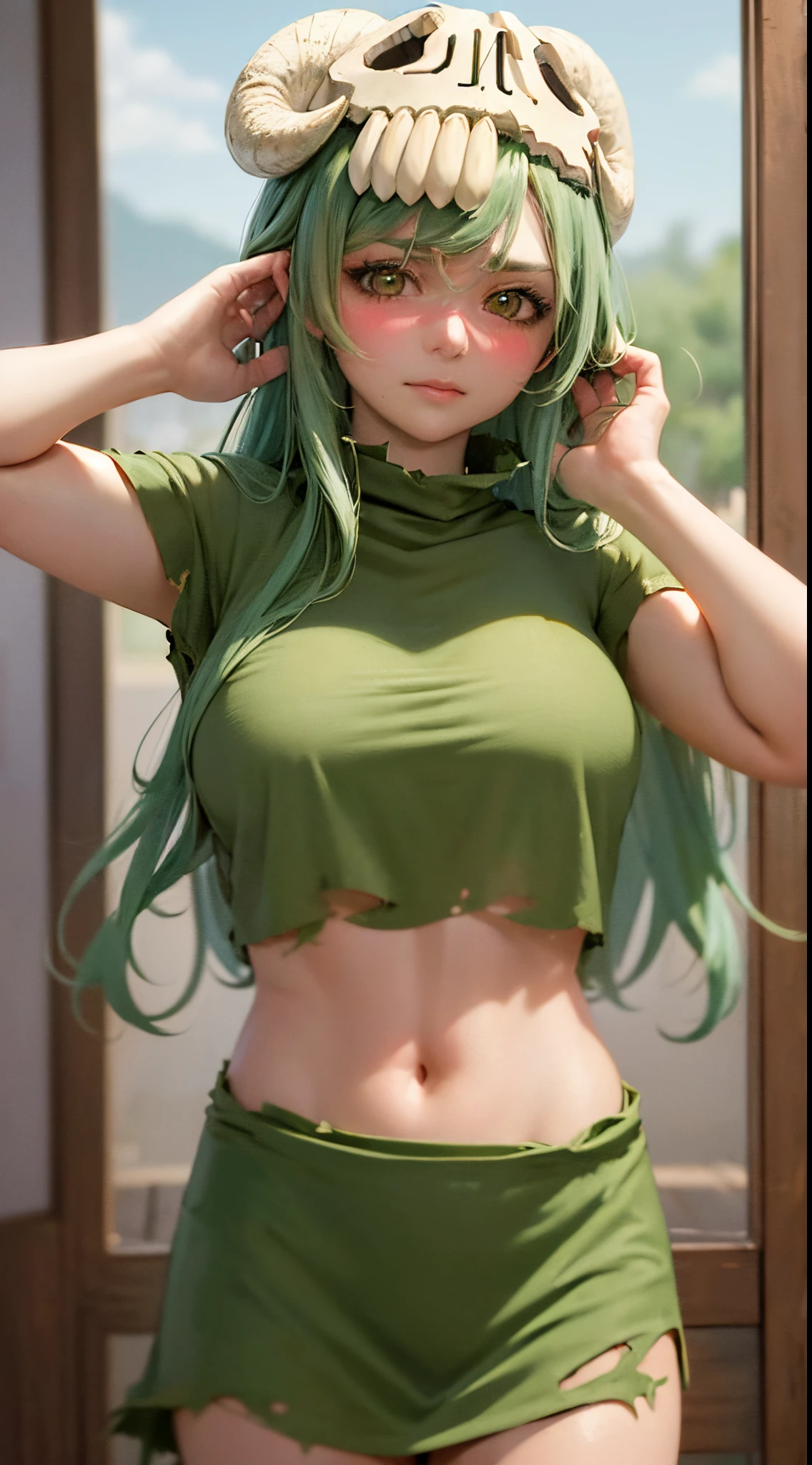 (masterpiece, best quality:1.2), cowboy shot, solo, 1girl, odelschwanck, expressionless, closed mouth, looking at viewer, hand in own hair, green hair, skull, torn clothes, underboob, skirt