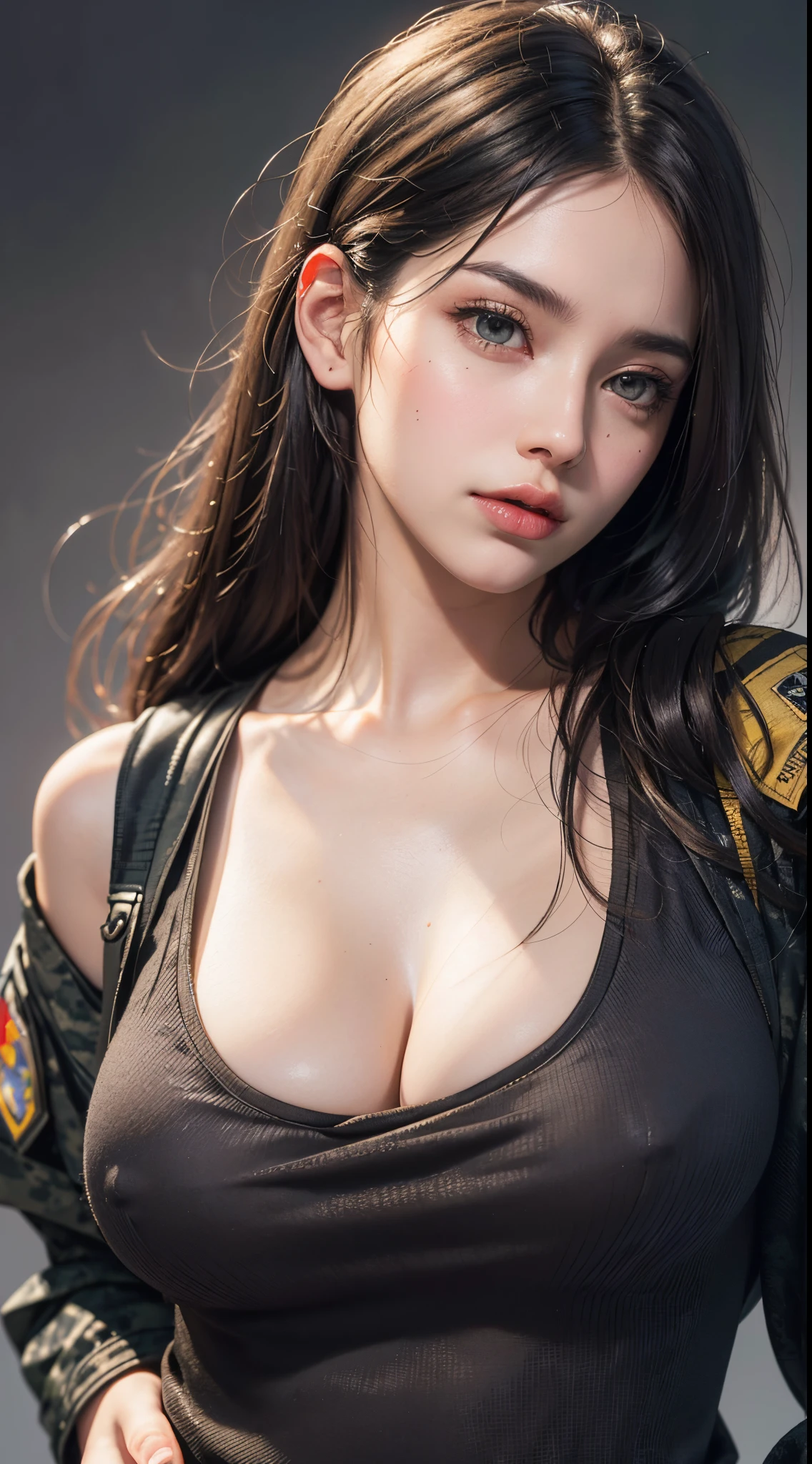 (best quality, 4k, 8k, high-res, masterpiece:1.2), ultra-detailed, (realistic, photorealistic, photo-realistic:1.37), (beautiful detailed eyes, beautiful detailed lips, extremely detailed eyes and face), studio lighting, physically-based rendering, vivid colors, (big tits, super big tits, super extra big tits, glamorous body), (black tank top:1.2), (military jacket:1.5), (long black straight hair, shiny hair, shiny skin), (blurred background), (tilt your head to the side:1.5), (portrait, profile:1.5),