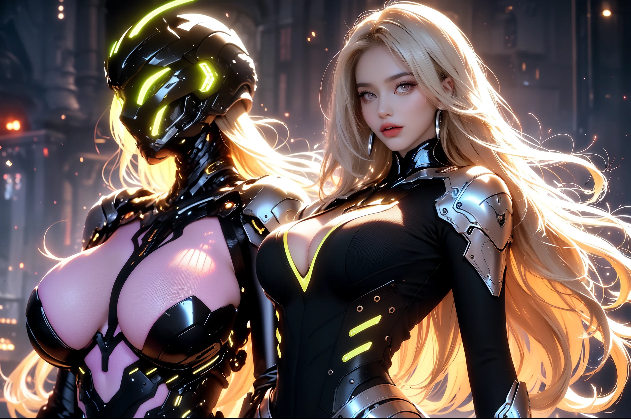 (masterpiece), best quality, expressive eyes, perfect face, beautiful details face, beautiful round eyes, full body, A beautiful mature woman in cyber armour suit shows her Extremely busty and attractive breasts, (Glowing crystals on hand), (arrogant face), (platinum red hair), (curtained hair, streaked hair, expressive hair, shiny hair, glowing hair, multicolored hair, gradient hair, colored inner hair, straight hair, very long hair), fair skin, (beautiful detailed full bodysuit:1.3), (full body cyber armour), glowing and shining armour, silver and orange cyber armour, (Edge lights:1.3), (silver and orange colour scheme:1.3), neon light on armor, beautiful details eyes, (purple eyes:1.3), (glowing eyes:1.2), (Gigantic saggy breasts:1.5), tight breasts, thick body, (well accentuated curves), pink lips, (silver nails), mascara, Long eyelashes, eyeliners, (Extremely wide well defined hips:1.3), (beautiful massive thick thighs:1.3), slender figure, (Extremely detailed skin texture:1.2), beautiful detailed realistic muscle definition, golden lights that shimmer, high detailed eyes, ultra-high quality model, proportionate, intense colouration fantasy, (background fantasy cyber city), orange and gold tetradic colours, random poses, earrings, (1girl), solo, cowboy shot , from below ,shine
