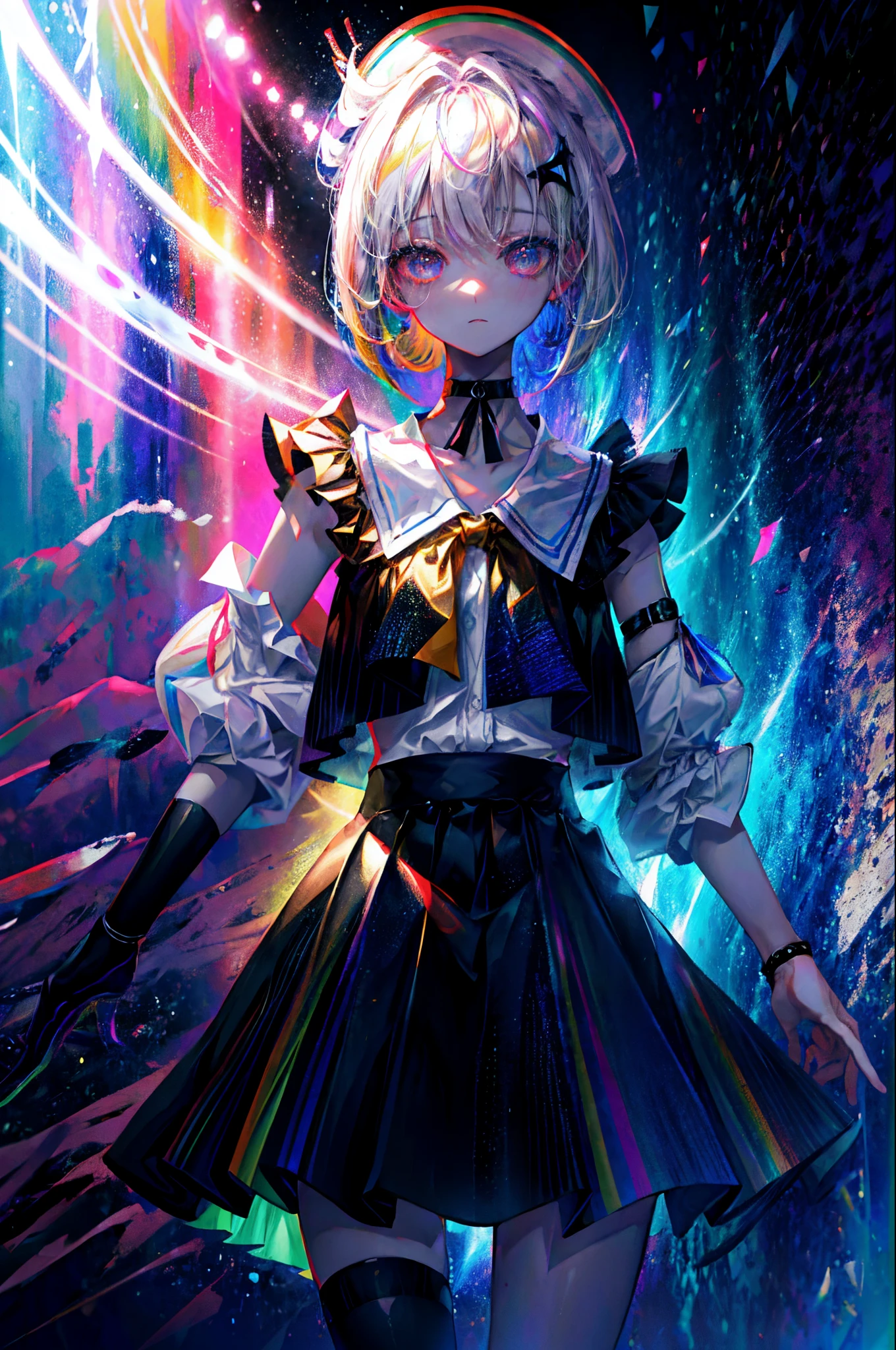 Rainbow on background、Irridescent color、colourfull、top-quality、超A high resolution、(Photorealsitic:1.4)、Female 1 Person、Sleeveless white buttoned shirt、Black skirt、Black Choker、cute little、(Kpop Idle)、(attractiveness:1)、(Platinum Blonde Hair:1)、((Puffy eyes))、Look at the viewer、full body Esbian、Facing the front