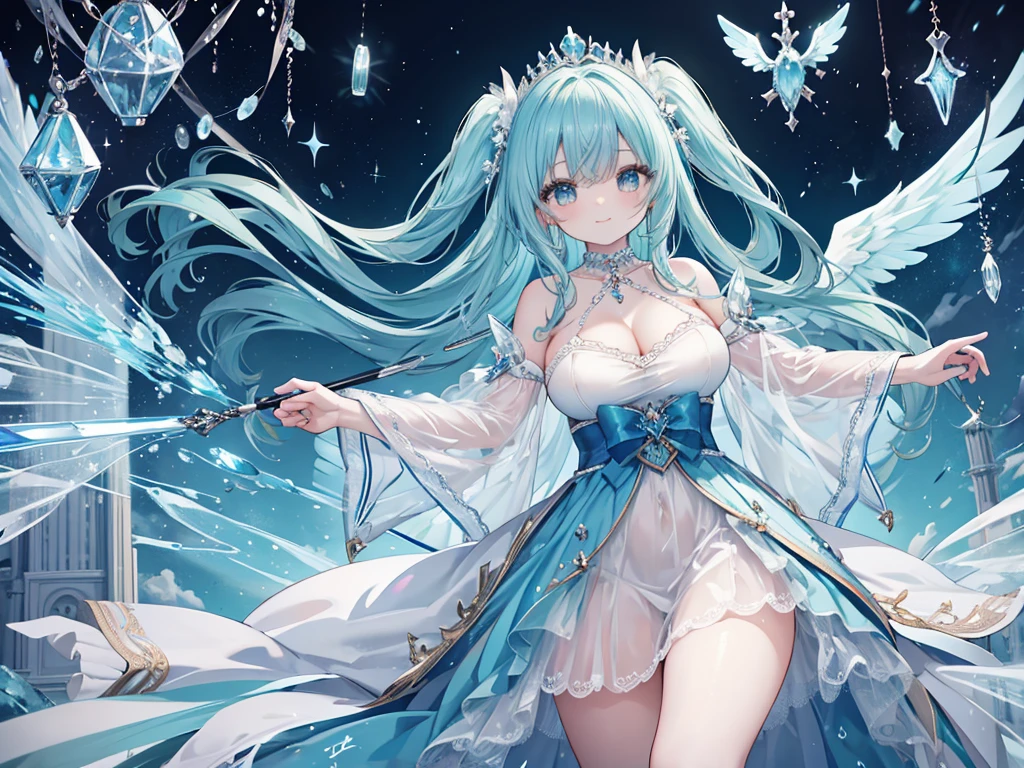 1 woman、Hair that shines like pale aquamarine、Twin-tailed、Sparkling aquamarine eyes、爆乳、Too large breasts、Seductive breasts、Lace dress、Goddess dress、Tiara of the Goddess、goddess god々Feeling、lace cape、aquamarine choker、Castle Room、Long Lace Bale、Ruffles and ribbons、A smile、The upper part of the body、A wand made of aquamarine and crystals、Wings encrusted with aquamarine