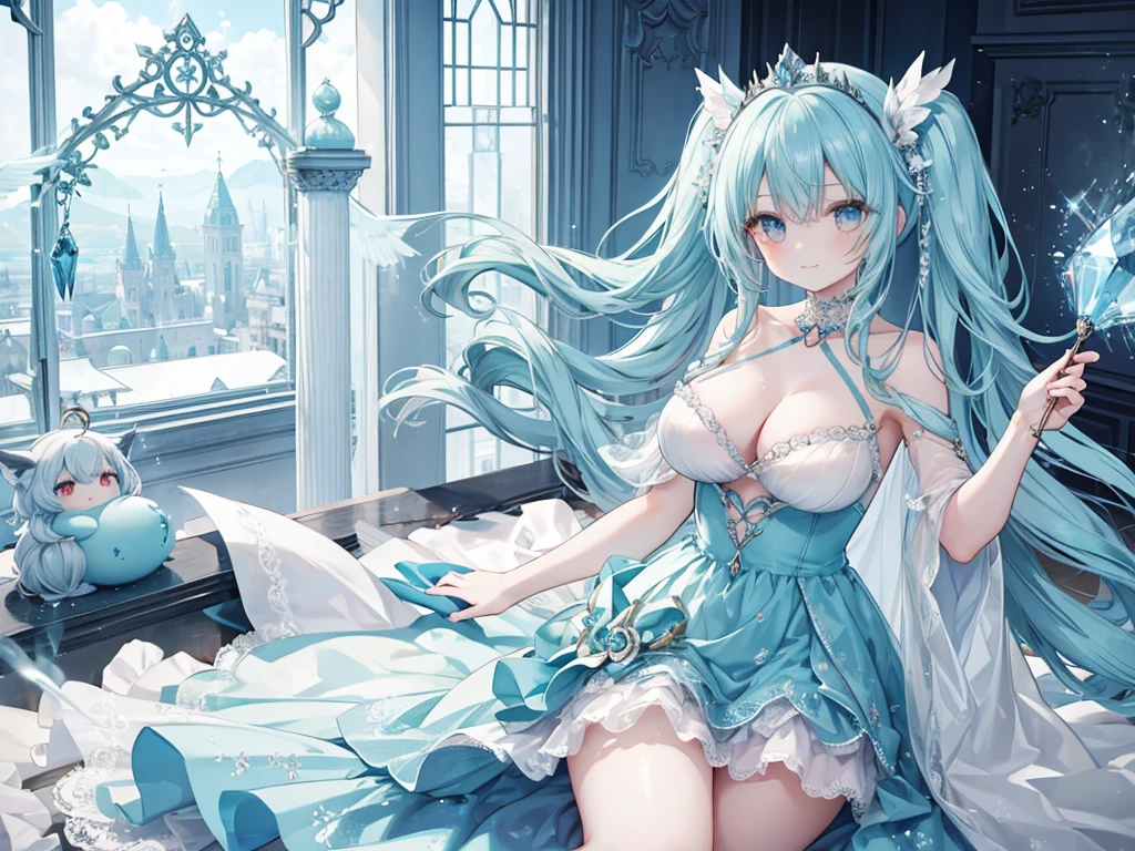 1 woman、Hair that shines like pale aquamarine、Twin-tailed、Sparkling aquamarine eyes、爆乳、Too large breasts、Seductive breasts、Lace dress、Goddess dress、Tiara of the Goddess、goddess god々Feeling、lace cape、aquamarine choker、Castle Room、Long Lace Bale、Ruffles and ribbons、A smile、The upper part of the body、A wand made of aquamarine and crystals、Wings encrusted with aquamarine