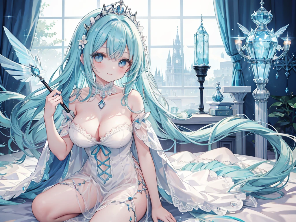 1 woman、Hair that shines like pale aquamarine、Twin-tailed、Sparkling aquamarine eyes、爆乳、Too large breasts、Seductive breasts、Lace dress、Goddess dress、Tiara of the Goddess、goddess god々Feeling、lace cape、aquamarine choker、Castle Room、Long Lace Bale、Ruffles and ribbons、A smile、The upper part of the body、A wand made of aquamarine and crystals、Wings encrusted with aquamarine