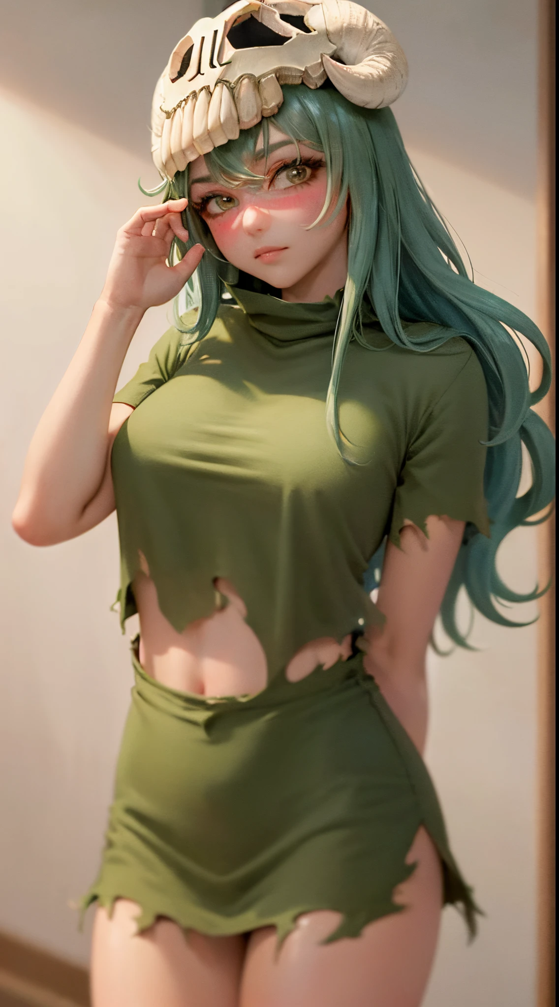 (masterpiece, best quality:1.2), cowboy shot, solo, 1girl, odelschwanck, expressionless, closed mouth, looking at viewer, hand in own hair, green hair, skull, torn clothes, underboob, skirt