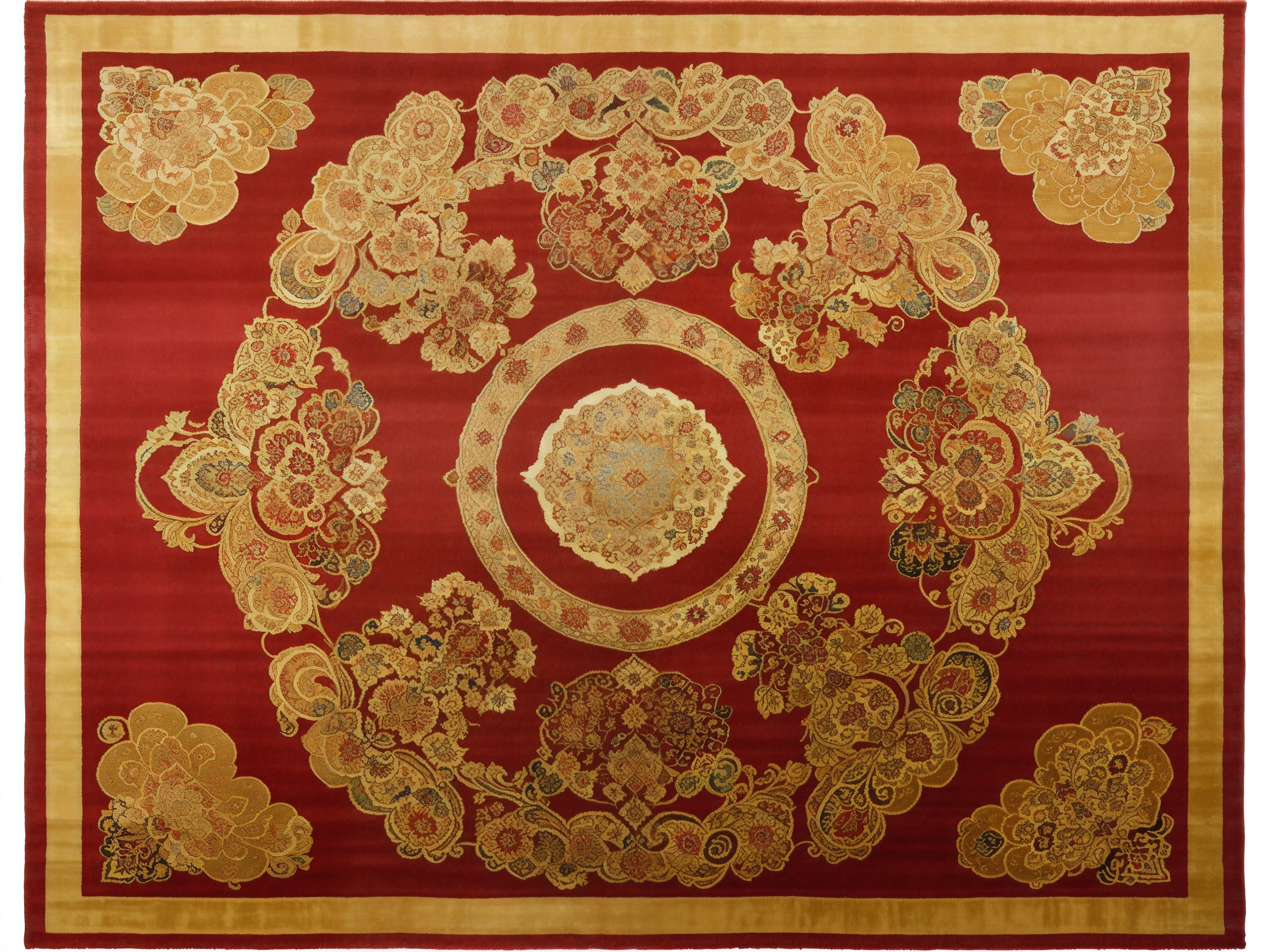 Close up of red and gold rug with circular design, oriental carpets, persian design, Magnificent Art, Inspired by Tawaraya Sotatsu, ancient chinese ornate, Decorated with Russian motifs, highly ornate, persian rug, orient, red and gold cloth, persian rug, Super gorgeous, Rugs, A magnificent masterpiece, medieval tapestry, ornate intricate