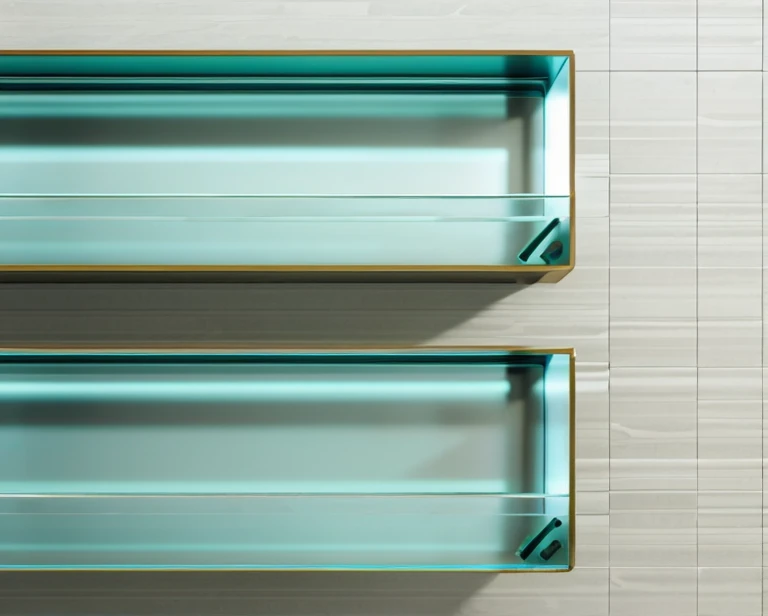 glass shelves, photorealistic, metal bar,
