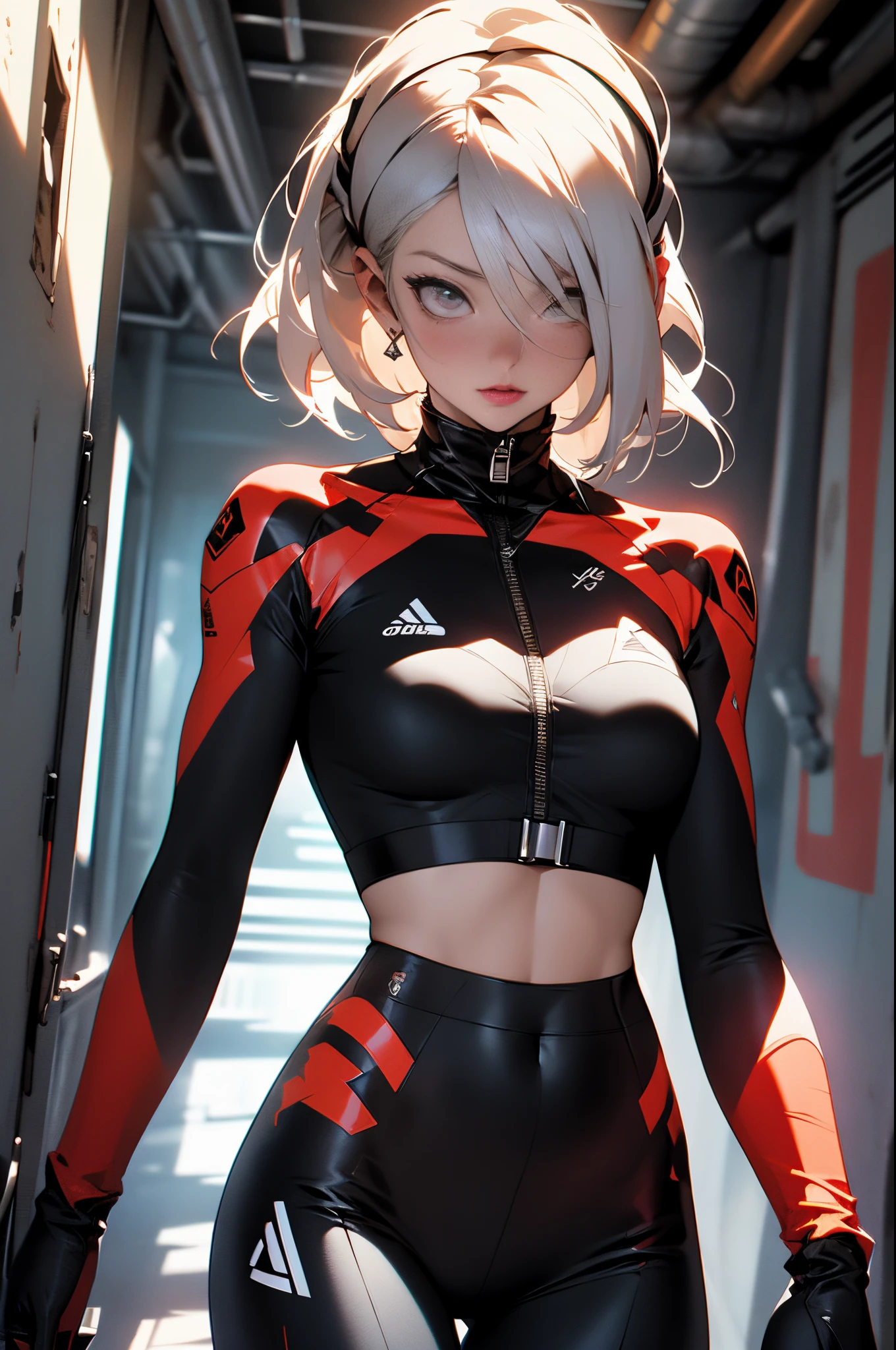 ((Best quality)), ((masterpiece)), (detailed: 1.4),Caucasian girl with 2-piece outfit, slim physique, collarbone and neck tattoo, full-length, beautiful figure, cyberpunk bikini, black clothing items with colorful graphics, red boots, 3/4 sock, cyberpunk style, super detailed, inside a container, Nji —V5, pastel, HDR (High Dynamic Range),Ray Tracing,NVIDIA RTX,Super-Resolution,Unreal 5, Subsurface Dispersion, PBR Texture, Post-processing, Anisotropic Filtering, Depth of Field, Maximum Clarity and Sharpness, Multilayer Textures, Albedo and Specular Maps, Surface Shading, Accurate Simulation of Light-Material Interaction, Perfect Proportions, Octane Render, Two-Tone Lighting, Wide Aperture, Low ISO, White Balance, Rule of Thirds, 8K RAW