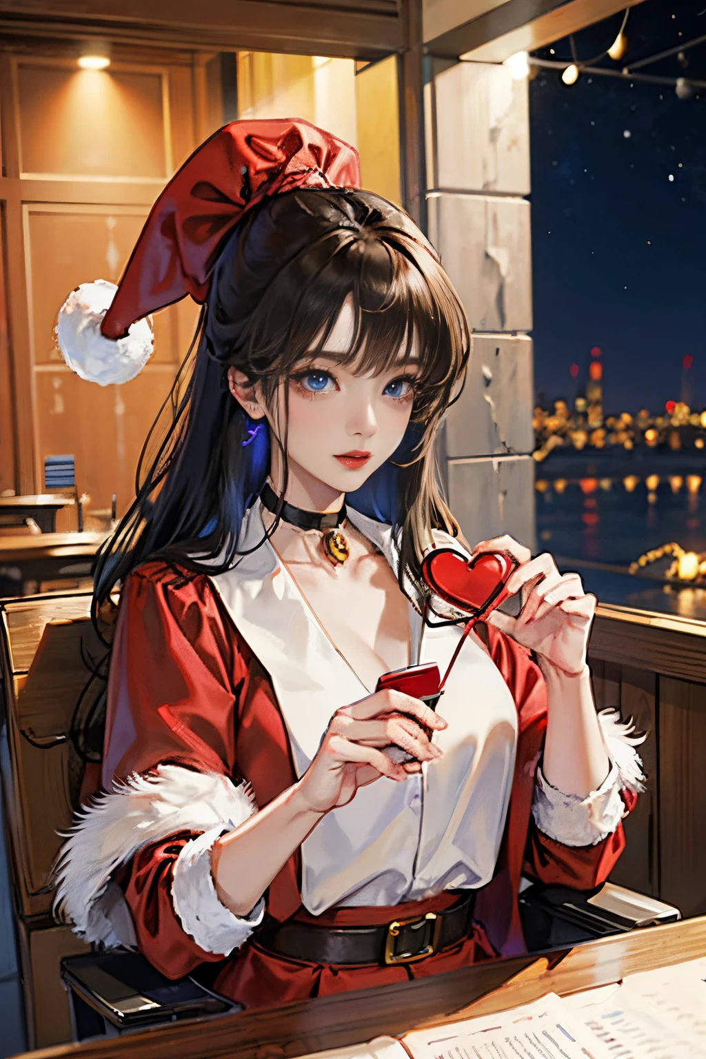 A city of beautiful Christmas lights, Santa girl in red costume of beautiful Santa Claus with blue eyes, Red Santa Skirt、Plump lips, Moles under her eyes, Heart-shaped choker, Computer Graphics Art, High resolution, Highest Quality, Whole body, 8K Character Concept, 32K, pixiv , Illustration, super detailed, Super Detailed Face, Megapixel, Ultra High Definition HDR, Clear, Overdecoration,