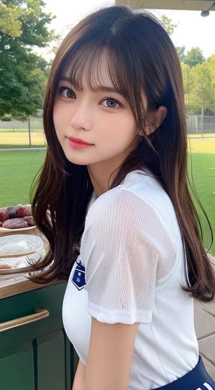 cowboy  shot:1.5,masutepiece, Best Quality, Ultra-detailed, finely detail, hight resolution, 8K Wallpaper,Perfect face line, Beautiful detailed eyes, Athletics uniforms,bob cuts,Natural Color Lip, having a barbecue:1.5, Kissing face,Take a photo with your kissing face facing the viewer,Perfect and beautiful face,Cute,Anatomically correct condition,Cute,idolface,Perfect and beautiful face