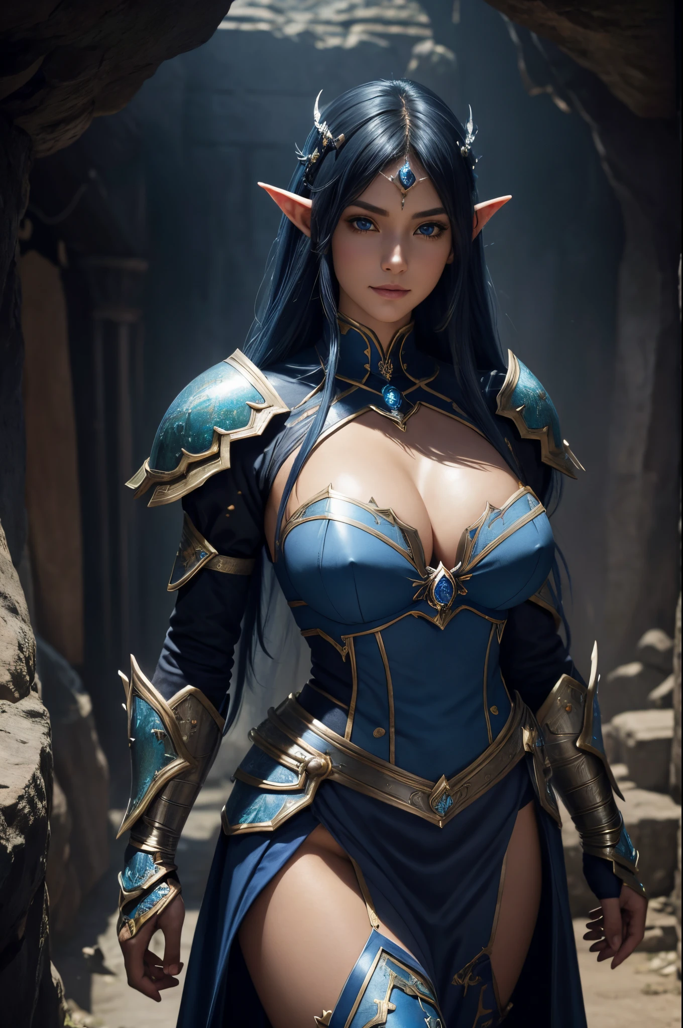 8K、Dark elf with very big breasts、Super beauty、Tanned realistic skin、elf-ears,Luxurious blue and white metal chest armor、Model Chute Style、(the Extremely Detailed CG Unity 8K Wallpapers)、Full shot body photos of the most beautiful artwork in the world、front 4 poses、Dark Elves、blue hairs、Green Valley、Blue and white sexy chest armor。blue and black skirt、Pearl Skin、Diamonds、medieval architecture、Ed Brink、Ateigairan、Studio Ghibli、Jeremy Mann、Greg Munchez、Antonio Moro、trending on artstationh、Trending in CG、 Dense and、Up to detail、Sharp focus、Dramatic and photorealistic painting art by Midjourney and Greg Rutkowski、Sexy costume、very Bigger breasts、Blue eyes、beholder、beautiful expression、Emphasize cleavage、Beautiful decoration、a smile,Inside the cave,