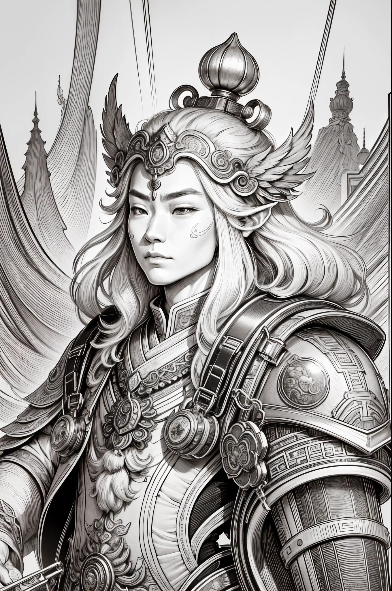 Best quality, A high resolution, tmasterpiece:1.2, ultra - detailed, actual:1.37, (China - Chic Chinese Mythical God of Wealth, Anatomically correct, Oriental elements), (Lovely God of Wealth,riding an electric bike,The backpack is full of gold ingots,Treasures follow),Line drawing background, white backgrounid, Mono Color, line drawn, a sketch.