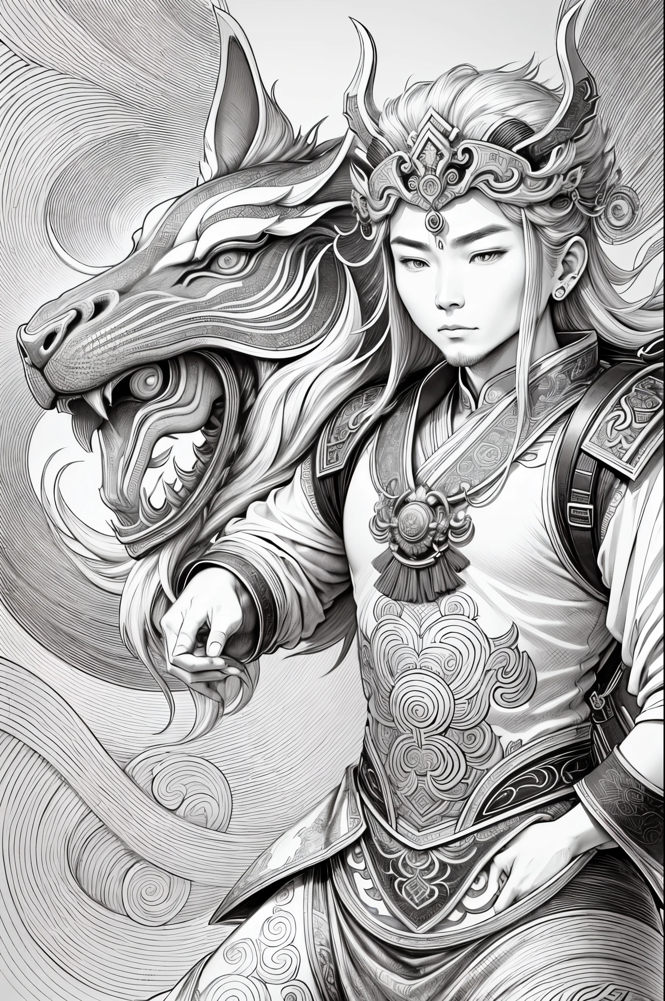 Best quality at best, A high resolution, tmasterpiece:1.2, ultra - detailed, actual:1.37, (China - Chic Chinese Mythical God of Wealth, Anatomically correct, Oriental elements), (Lovely God of Wealth，riding an electric bike，The backpack is full of gold ingots，Treasures follow)，Line drawing background, white backgrounid, Mono Color, line drawn, a sketch, lineart, monochrome