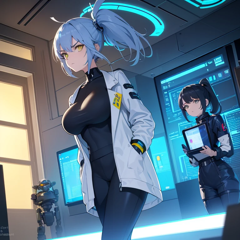 ((1 cyborg woman)),((big breasts, naked breasts, naked pussy, completely naked, blue clitoral piercing)),((standing, futuristic room)),((serious face)),((bare breasts , with lots of bubian hair, wearing a scientist's coat)),((short gray hair with Elastic, bright yellow eyes)),((facing the viewer)),[[[1 cyborg  child, absent breasts sitting on a table with open legs]]],two different characters,
