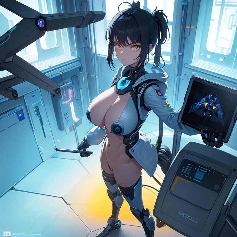 ((1 cyborg woman)),((Huge breasts, bare breasts, naked pussy, completely naked, blue clitoral piercing)),((standing, futuristic room with windows with robots)),((serious face)), ((with lots of bubian hair, in a scientist's coat)),((short hair with a short ponytail on the left side, a short ponytail on the right side, bright yellow eyes)),((facing the viewer, holding a tablet) ),((standing in a futuristic room)),