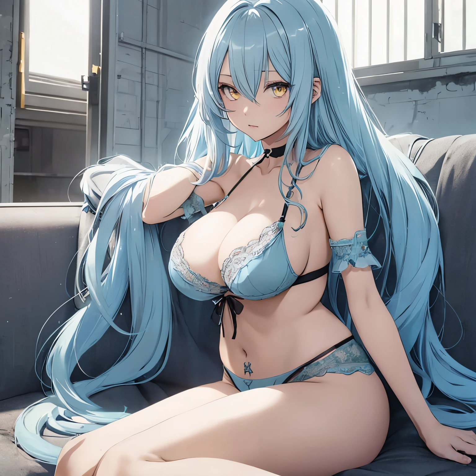 Anime, female, light blue hairs, yellow eyes, long hair, massive boobs, lingerie, thigh, bare shoulder, collarbone, sitting, looking at viewer, in building, black lingerie