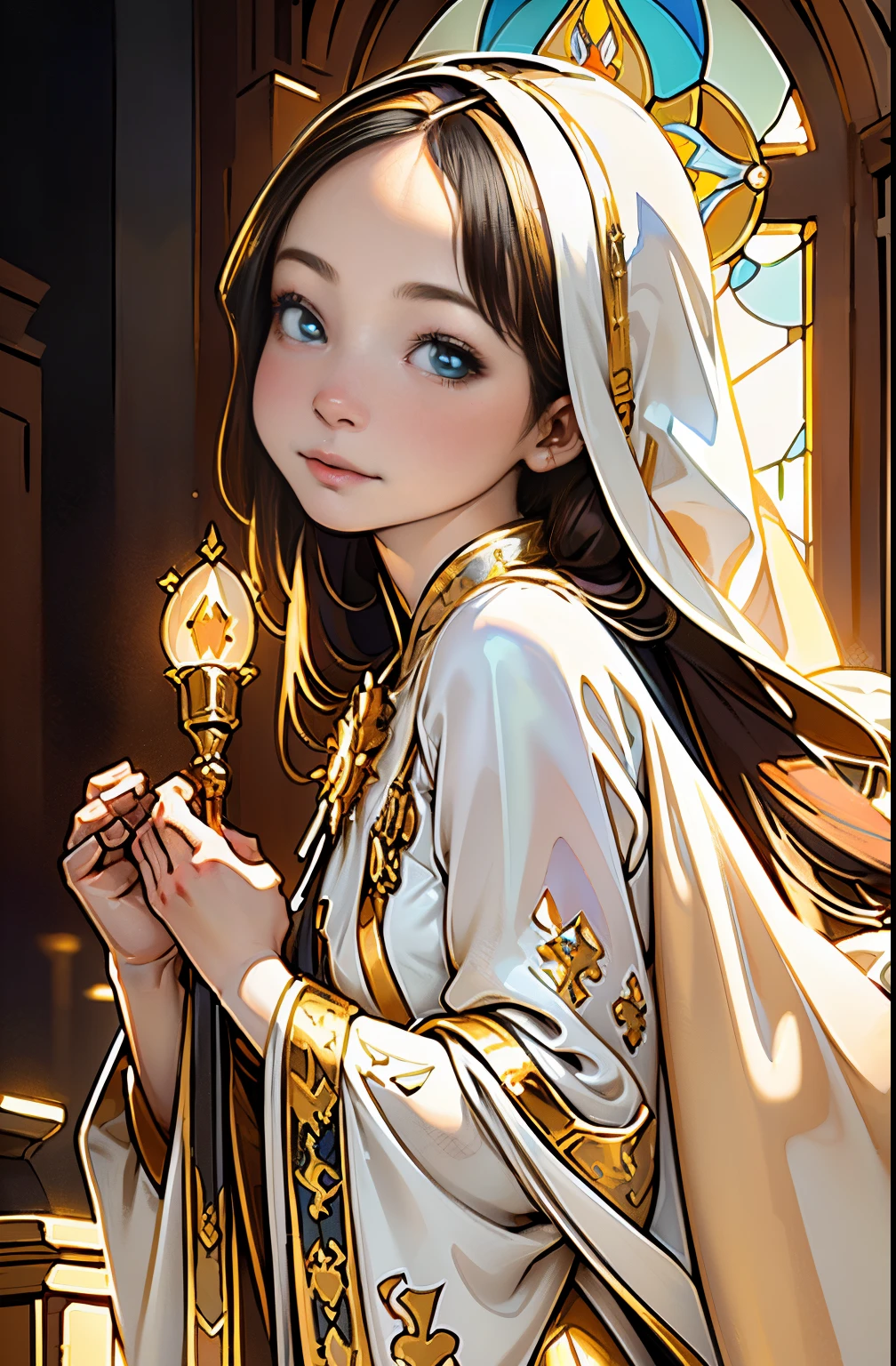 Monna Lisa, Pale colors(Fantasy Sister, Robe with gold decoration, Offering Prayers, chies)superfine illustration(Colorful stained glass, Stereoscopic lighting, Back lighting, good lighting, Colorful refraction)depth of fields(very detailed beautiful face and eyes)Perfect Anatomy(angelic cute 1girl)