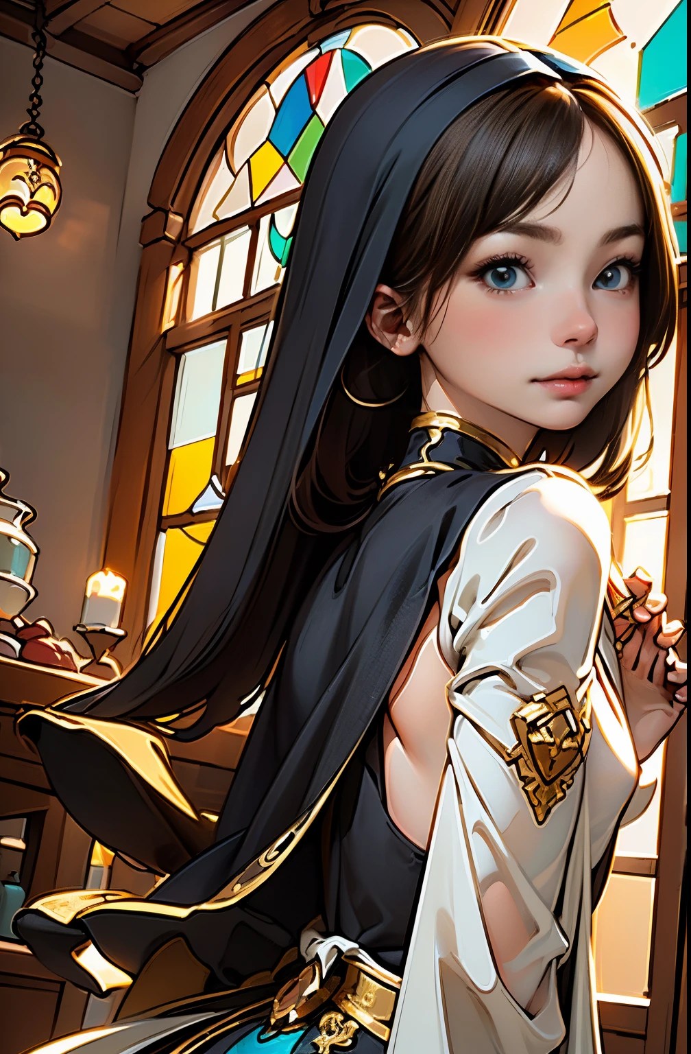 Monna Lisa, Pale colors(Fantasy Sister, Robe with gold decoration, Offering Prayers, chies)superfine illustration(Colorful stained glass, Stereoscopic lighting, Back lighting, good lighting, Colorful refraction)depth of fields(very detailed beautiful face and eyes)Perfect Anatomy(angelic cute 1girl)