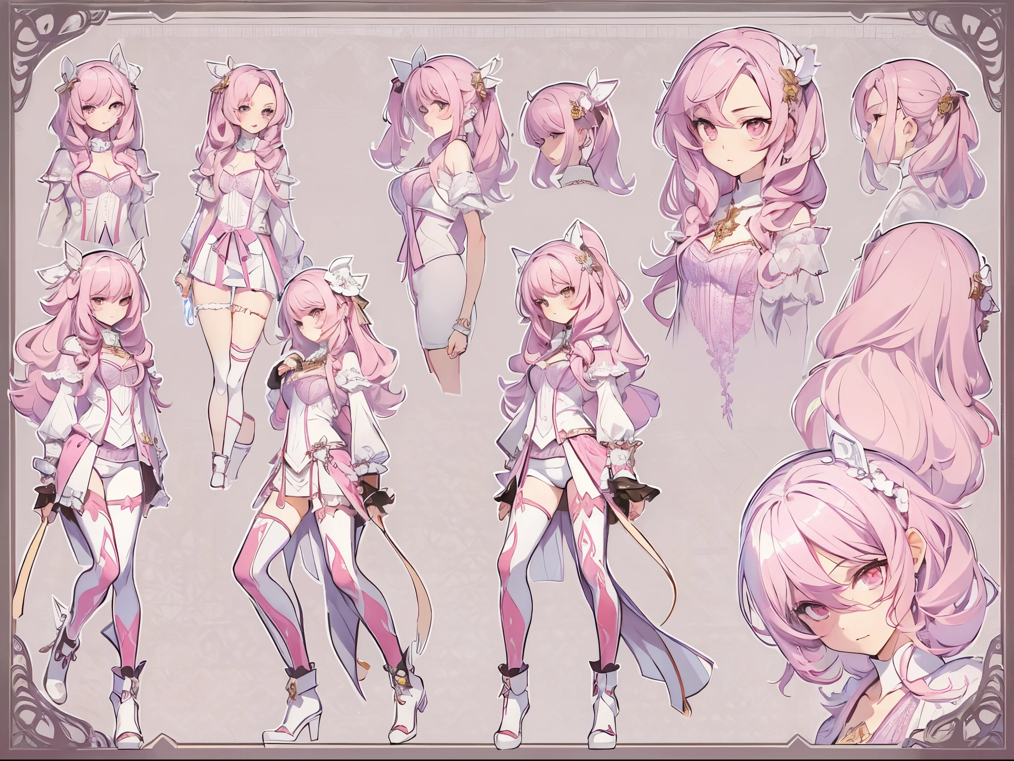 ((Masterpiece, Highest quality)), Detailed face, CharacterDesignSheet,full bodyesbian, perfectly proportions,Full of details, Multiple poses and expressions, Highly detailed, Depth, Many parts,Beautiful teenage girl,Suits,lacepantyhose,Light pink pupils,epic exquisite character art,Natural light