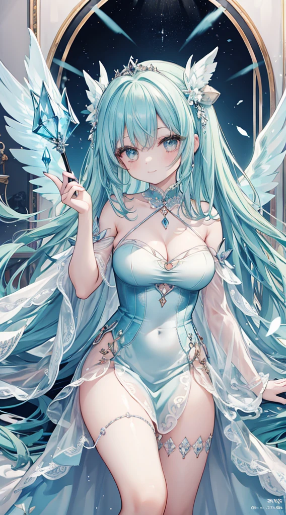 1 woman、Hair that shines like pale aquamarine、Twin-tailed、Sparkling aquamarine eyes、爆乳、Too large breasts、Seductive breasts、Lace dress、Goddess dress、Tiara of the Goddess、goddess god々Feeling、lace cape、aquamarine choker、Castle Room、Long Lace Bale、Ruffles and ribbons、A smile、The upper part of the body、A long walking stick made of aquamarine and crystals、Wings encrusted with aquamarine、A benevolent look、Aquamarine brilliance、Eternal brilliance