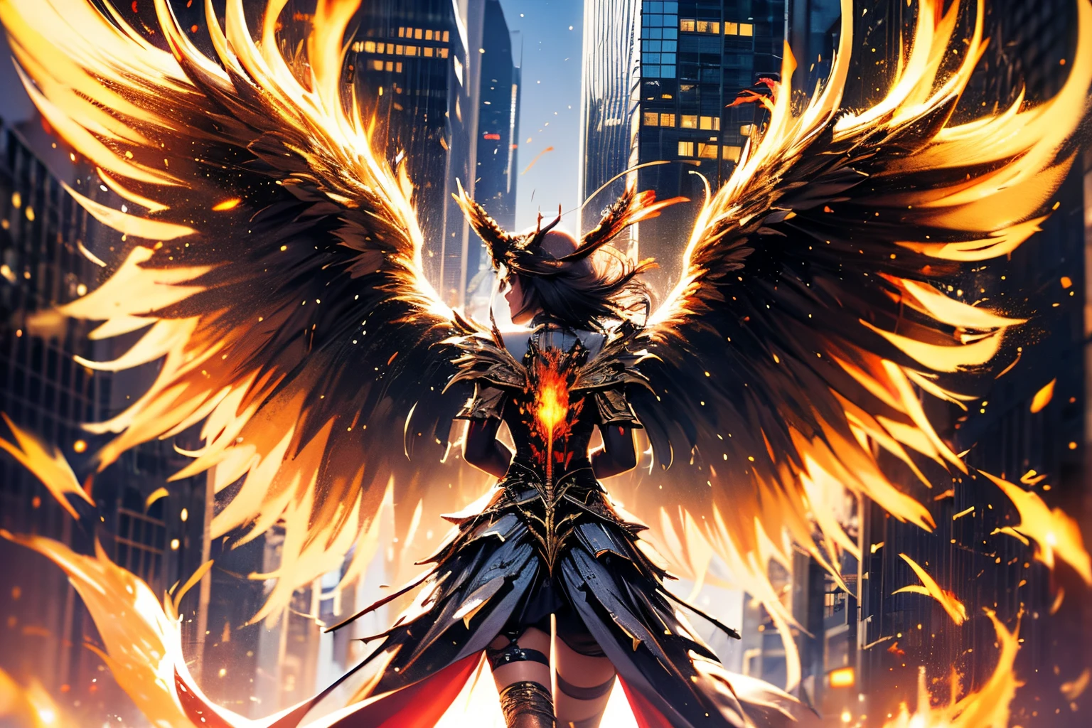 (super low angle), flying seraph, (Six long and wide wings on each side grow on her back), thick sword on fire, ruins in the city, skyscraper, impact, high speed, flame, necklace on fire, battle field,