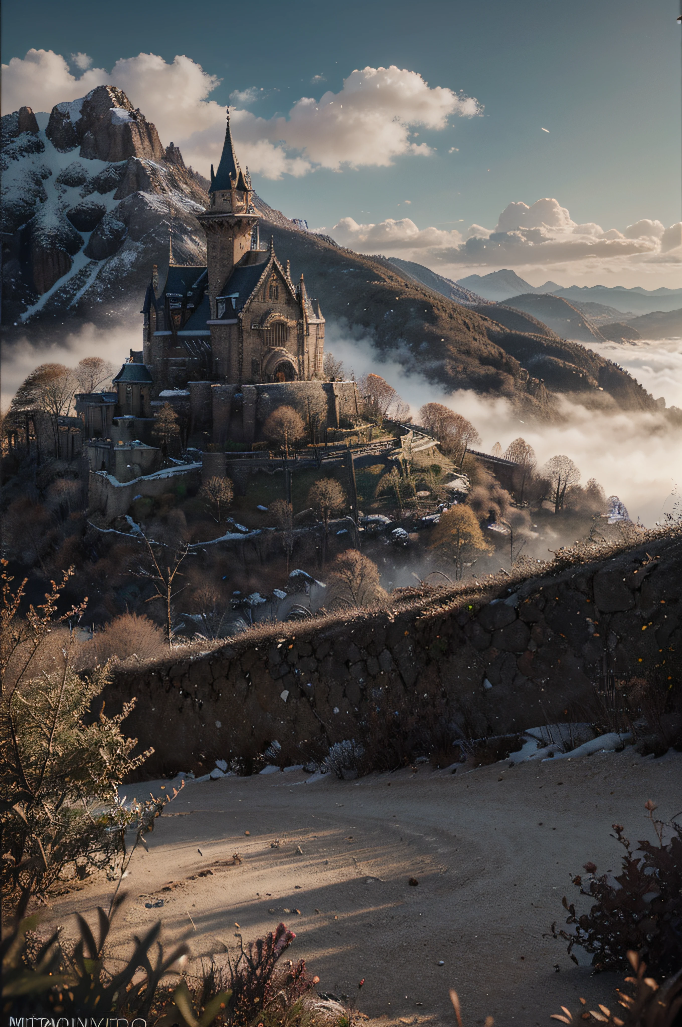 Analog style,ChromaV5,nvinkpunk,(extremely detailed CG unity 8k wallpaper),An image of a majestic mountain range with muted color tones, castle, details of the rocky terrain and the subdued hues of the landscape, misty atmosphere and the subtle variations in color that give the scene depth and dimension ,award winning photography, Chromatic Aberration, Detailed , HDR, Bloom, style by Monet, Pissarro, and Sisley ,trending on ArtStation, trending on CGSociety, art by midjourney