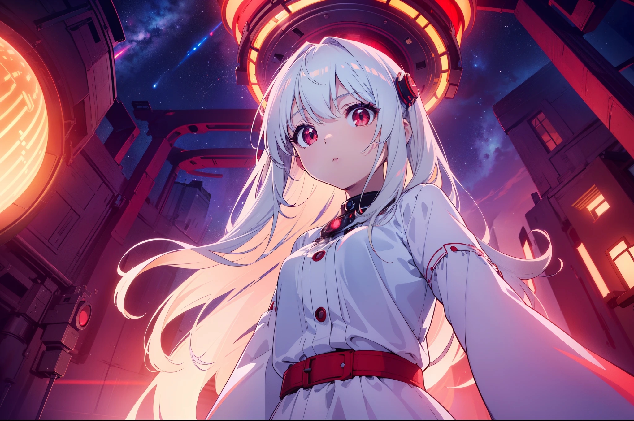 1 cute girl , standing, (looking up), ((Huge UFO)), ((from below)),upper body, close to viewer, character focus , ((red lighting)), cinematic lighting, ((sci-f)) ,high resolution,(incredibly absurdres) ,extremely detailed CG unity 8k wallpaper, ((masterpiece)), ((top-quality)), (beautiful illustration), ((an extremely delicate and beautiful))