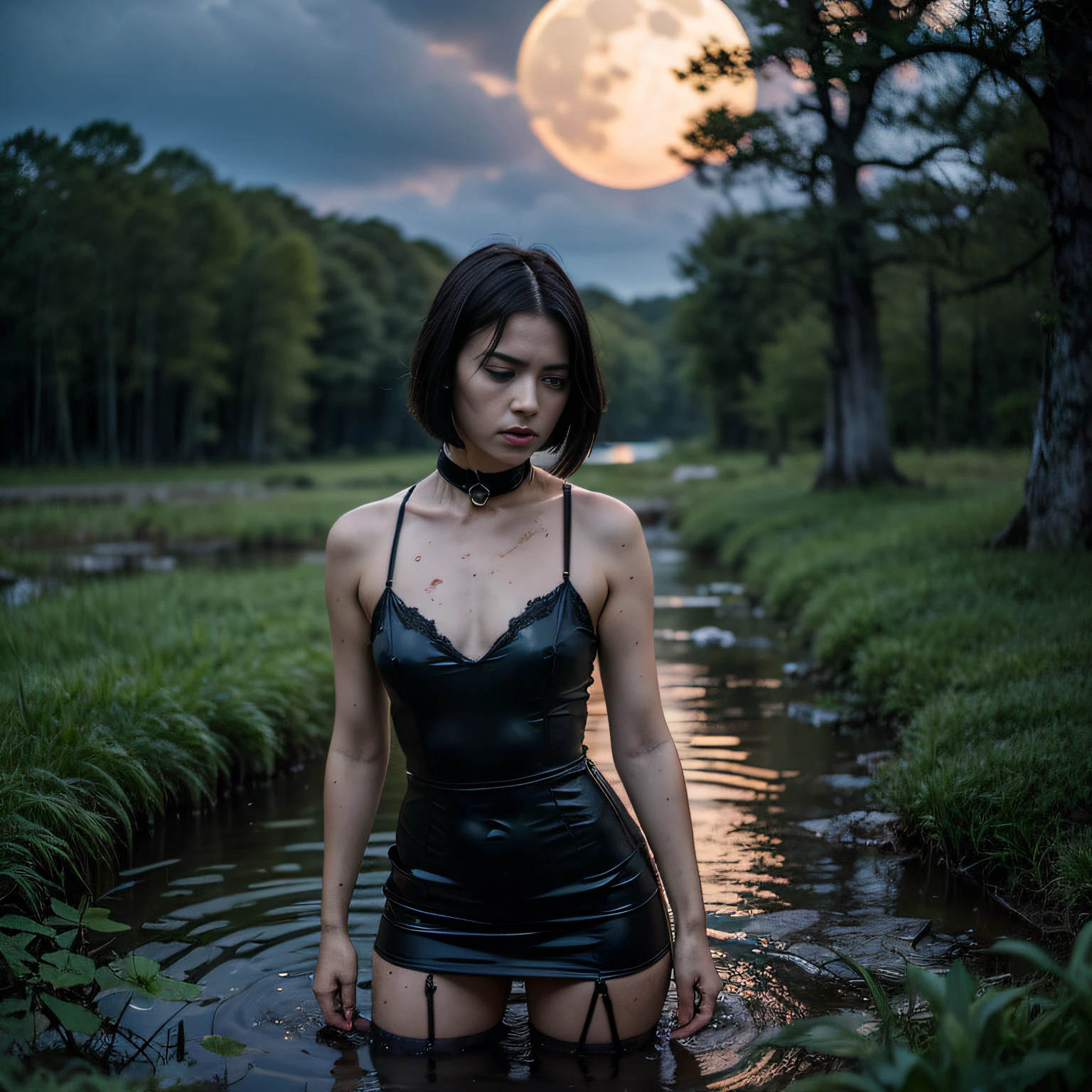 (Hyperrealistic photo, Ultra Detailed, Raw, tmasterpiece), Black Sky, night time, The forest is illuminated by the moon because of the clouds, ominous red reflections in the distance. Woman romantically drowning in a swamp. closed dress, lace stockings with garters. victim, ritual, She has an iron collar, Short Hair Hair, The face expresses gloomy delight. desperately trying to get to the surface, but the mud is pulling her down, And she knows, that her last moments are near. The swamp takes her into its dark embrace, And she is, finally, abandons his struggle.
