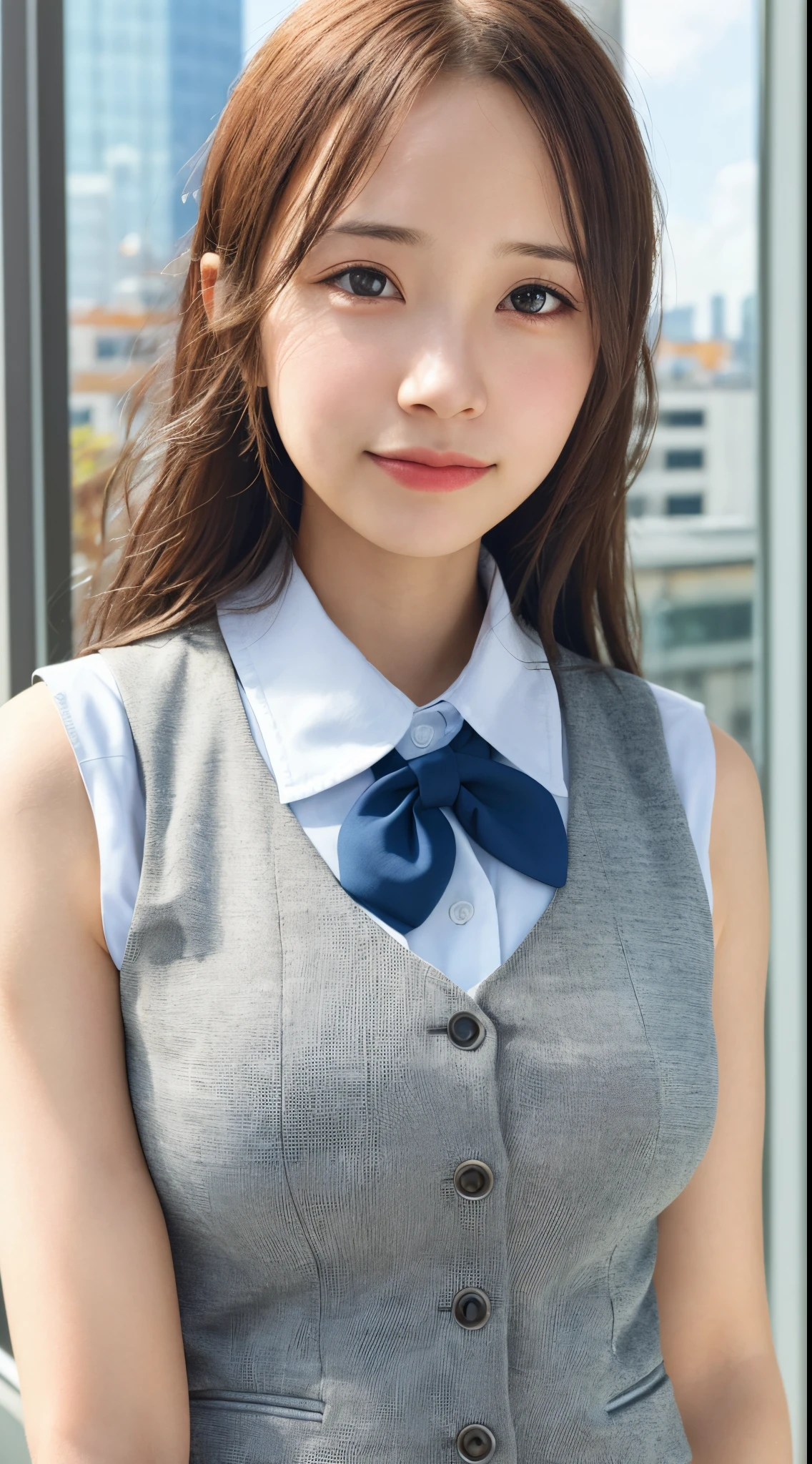 1girl, matured female, vest, bow, photo, realistic, best quality, hires, detailed face, office, buildings from window, detailed background, diffused sunlight, depth of field, bokeh
