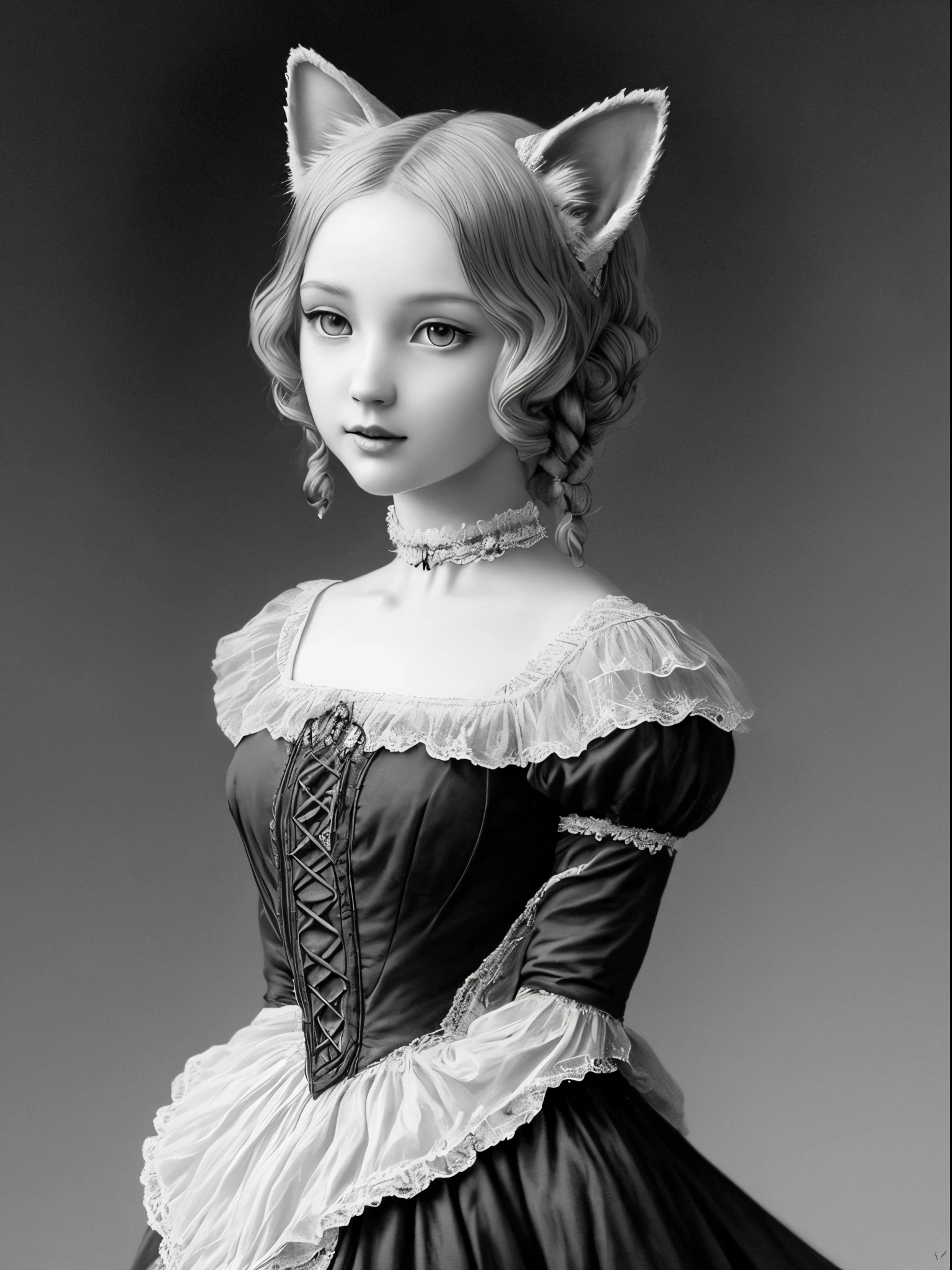 Victorian fantasy art　Cat-eared girl　monochromes