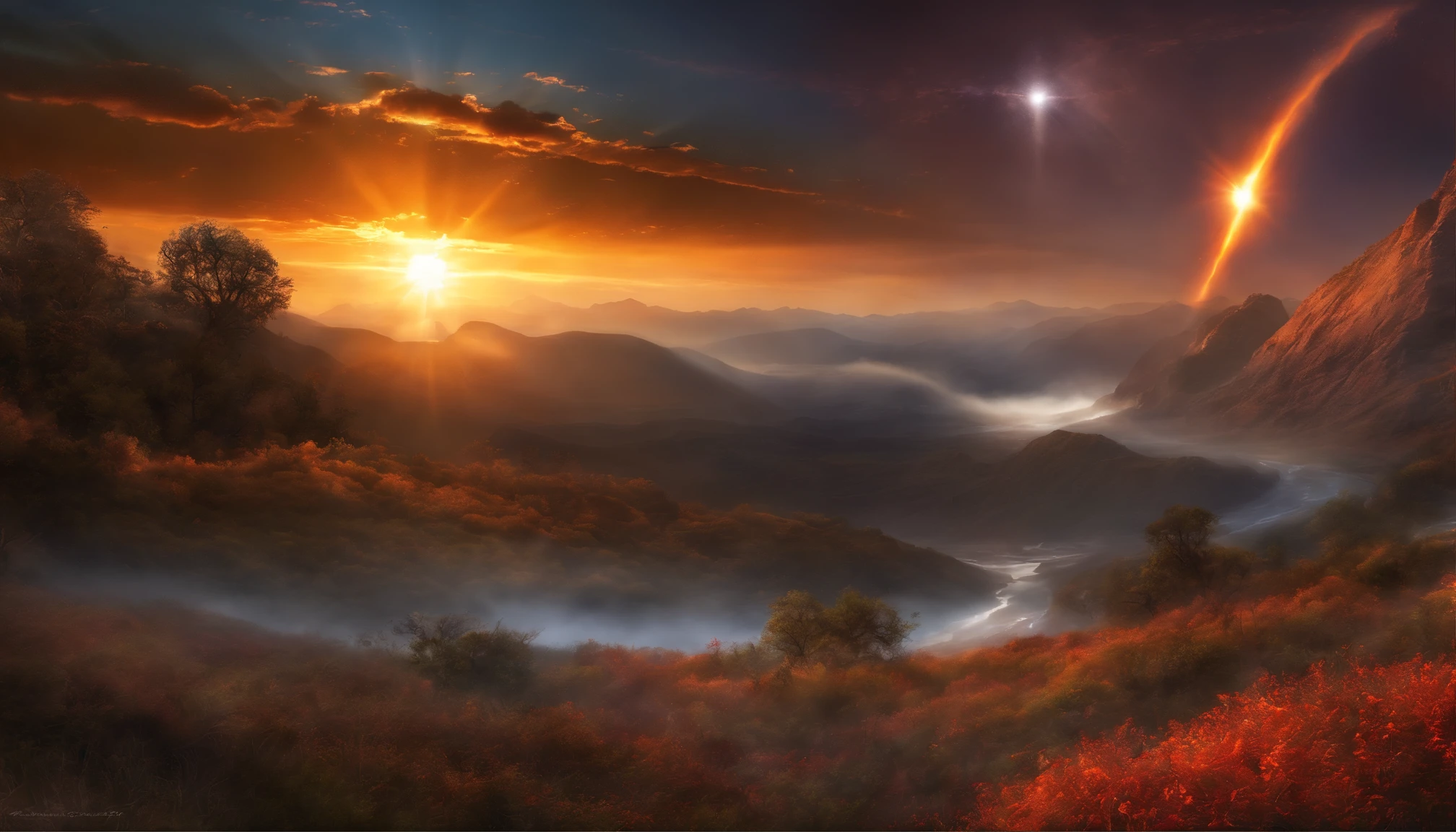 In the midst of a celestial symphony, a shimmering atmospheric solar flare dances across the vast expanse of the digital canvas, captivating viewers with its ethereal beauty. The main subject of the image is a radiant burst of fiery energy emanating from the sun, painting the heavens above with hues of vibrant oranges and mesmerizing golds. This digitally painted masterpiece captures the dynamic movement and intensity of the solar phenomenon, showcasing intricate details that seemingly come to life. Every brushstroke is meticulously crafted, resulting in a high-quality image that astounds with its realism and evokes a sense of wonder and awe