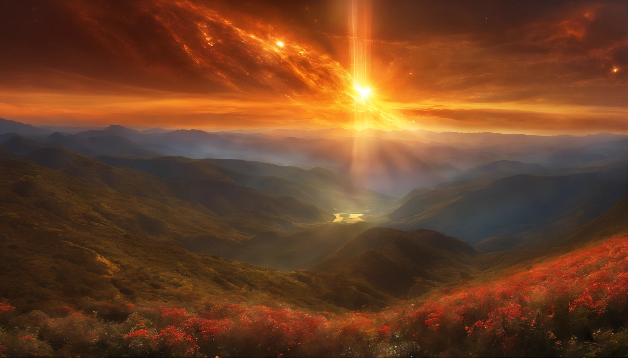 In the midst of a celestial symphony, a shimmering atmospheric solar flare dances across the vast expanse of the digital canvas, captivating viewers with its ethereal beauty. The main subject of the image is a radiant burst of fiery energy emanating from the sun, painting the heavens above with hues of vibrant oranges and mesmerizing golds. This digitally painted masterpiece captures the dynamic movement and intensity of the solar phenomenon, showcasing intricate details that seemingly come to life. Every brushstroke is meticulously crafted, resulting in a high-quality image that astounds with its realism and evokes a sense of wonder and awe