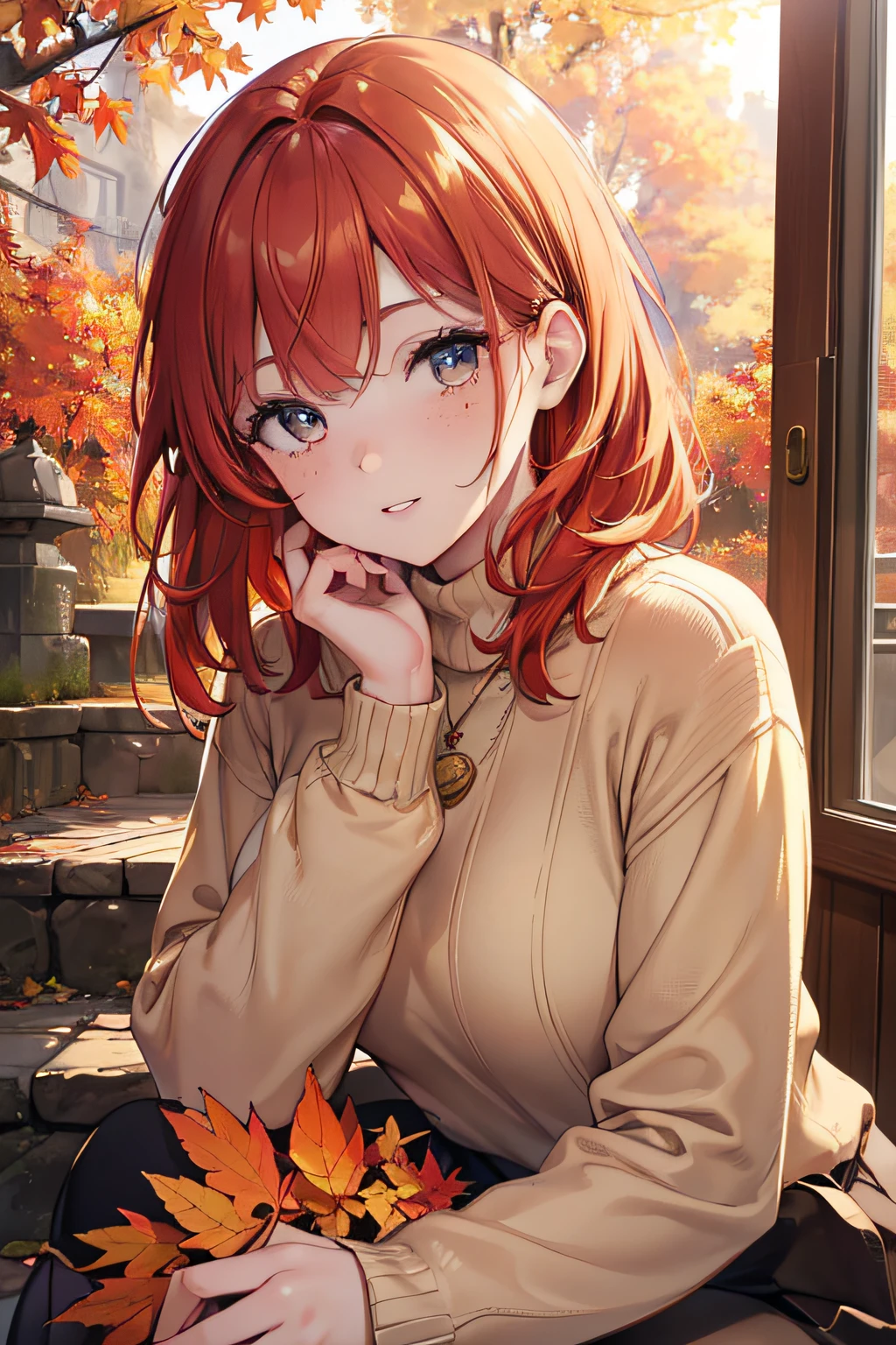 (best quality,4k,8k,highres,masterpiece:1.2),ultra-detailed,realistic,autumn colors,portrait,golden hour lighting,beautiful girl,red hair,freckles,detailed eyes,detailed lips,soft smile,warm sweater,sitting on the stairs,falling leaves,cozy atmosphere,vibrant nature,peaceful scenery,textured background,warm sunlight