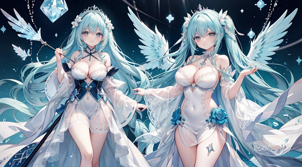 1 woman、Hair that shines like pale aquamarine、Twin-tailed、Sparkling aquamarine eyes、爆乳、Too large breasts、Seductive breasts、Lace dress、Goddess dress、Tiara of the Goddess、goddess god々Feeling、lace cape、aquamarine choker、Castle Room、Long Lace Bale、Ruffles and ribbons、A smile、The upper part of the body、A long walking stick made of aquamarine and crystals、Wings encrusted with aquamarine、A benevolent look、Aquamarine brilliance、Eternal brilliance、Too large breasts、爆乳、puffy chest