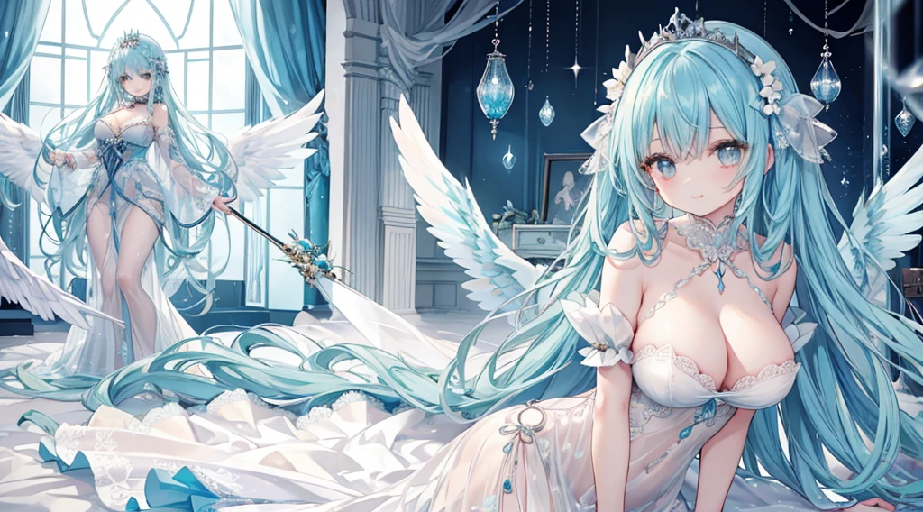 1 woman、Hair that shines like pale aquamarine、Twin-tailed、Sparkling aquamarine eyes、爆乳、Too large breasts、Seductive breasts、Lace dress、Goddess dress、Tiara of the Goddess、goddess god々Feeling、lace cape、aquamarine choker、Castle Room、Long Lace Bale、Ruffles and ribbons、A smile、The upper part of the body、A long walking stick made of aquamarine and crystals、Wings encrusted with aquamarine、A benevolent look、Aquamarine brilliance、Eternal brilliance、Too large breasts、爆乳、puffy chest