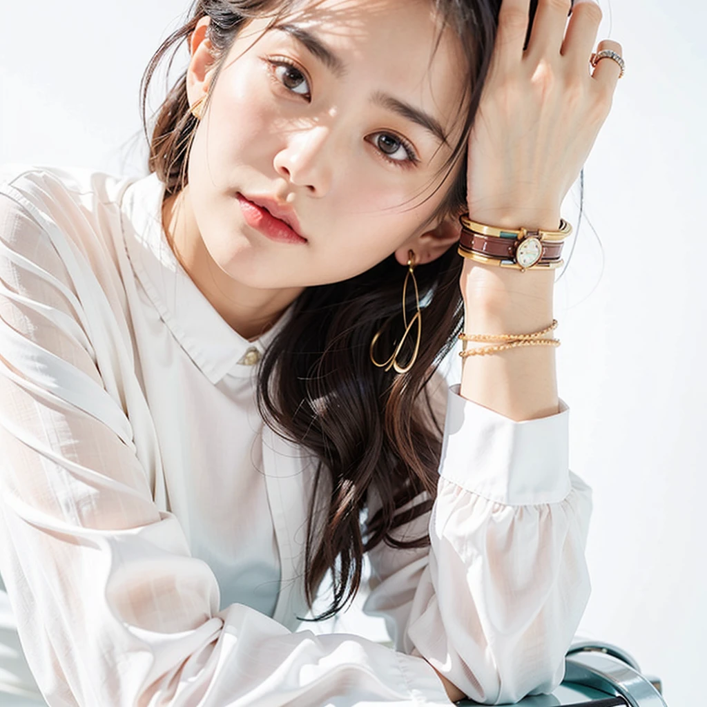 There is a woman sitting in a chair with a watch on her wrist., mariko mori, song hye - kyo, Kiyoko Suzuki, mutsumi akasaki, nishihara isao, Rinko Kawaichi, Kimi Takemura, Kaoru Mori, shin min jeong, Chiho Ashima, lucy liu portrait, style of yoshii chie, myazaki