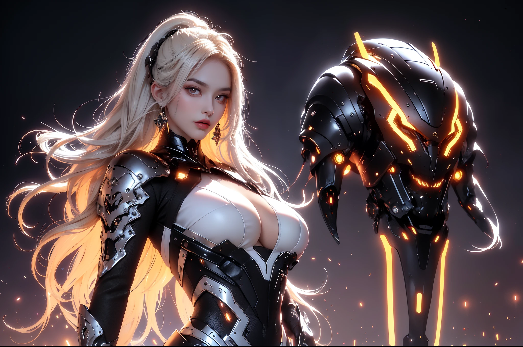 (masterpiece), best quality, expressive eyes, perfect face, beautiful details face, beautiful round eyes, full body, A beautiful mature woman in cyber armour suit shows her Extremely busty and attractive breasts, (she was holding a crystal in her hand), (arrogant face), (platinum red hair), (curtained hair, streaked hair, expressive hair, shiny hair, glowing hair, multicolored hair, gradient hair, colored inner hair, straight hair, very long hair), fair skin, (beautiful detailed full bodysuit:1.3), (full body cyber armour), glowing and shining armour, silver and orange cyber armour, (Edge lights:1.3), (silver and orange colour scheme:1.3), neon light on armor, beautiful details eyes, (purple eyes:1.3), (glowing eyes:1.2), (Gigantic saggy breasts:1.5), tight breasts, thick body, (well accentuated curves), pink lips, (silver nails), mascara, Long eyelashes, eyeliners, (Extremely wide well defined hips:1.3), (beautiful massive thick thighs:1.3), slender figure, (Extremely detailed skin texture:1.2), beautiful detailed realistic muscle definition, glowing light that shimmer, high detailed eyes, ultra-high quality model, proportionate, intense colouration fantasy, (background fantasy cyber city), orange and gold tetradic colours, random poses, earrings, (1girl), solo, cowboy shot , from below ,shine
