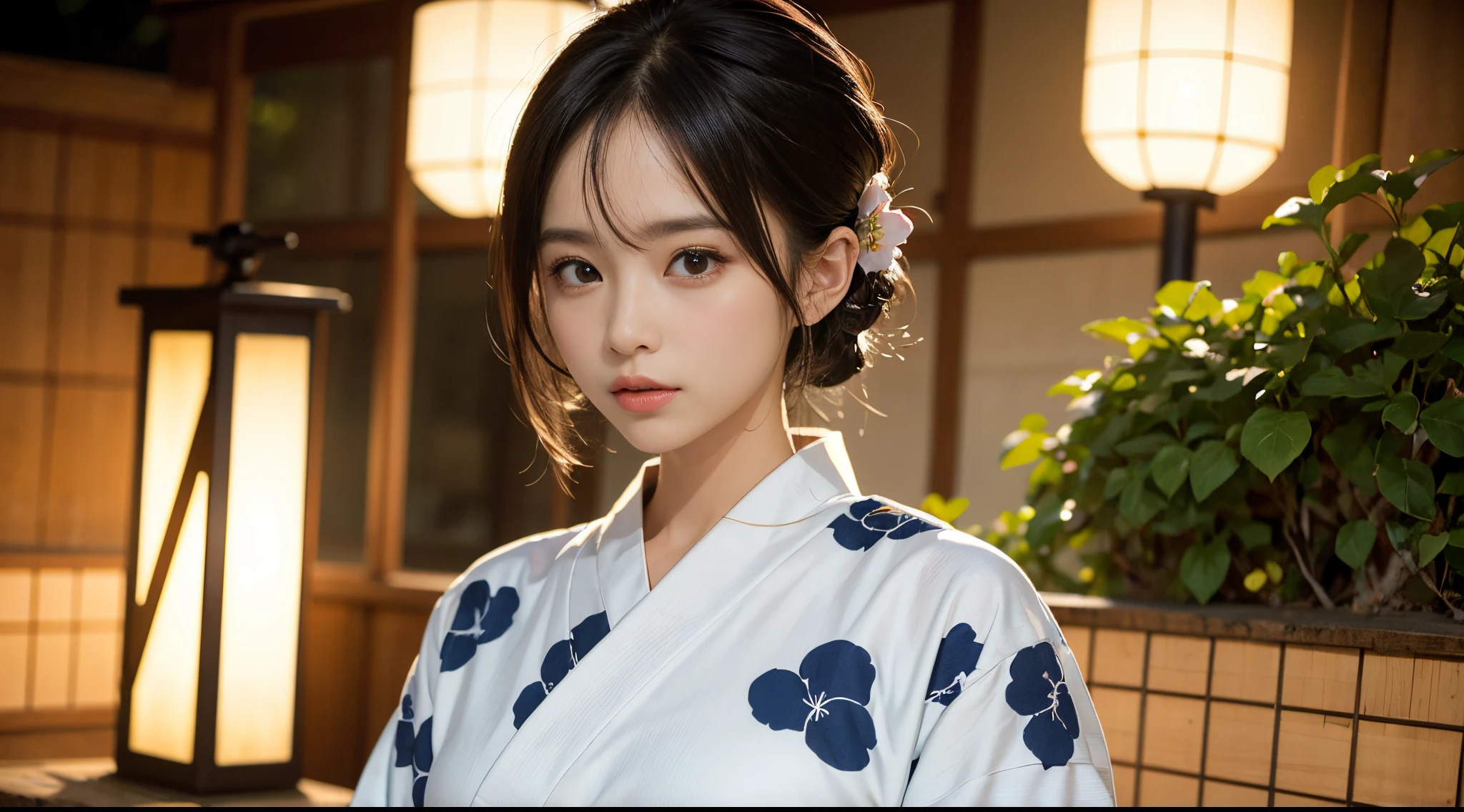 Best-quality, Masterpiece, Ultra-High-Resolution, (Photorealistic:1.4), Raw-Photo, Extremely-Details, Perfect-Anatomy, 1girl, 15-years-old, the most popular Japanese idol, portrait, extremely cute face like a very famous Japanese idol, extremely beautiful big black eyes, extremely beautiful black hair, extremely beautiful body, extremely beautiful white skins, wearing only gorgeous Japanese KIMONO, looking at viewer, detailed gorgeous Japanese KIMONO, detailed face, detailed eyes, detailed hair, detailed