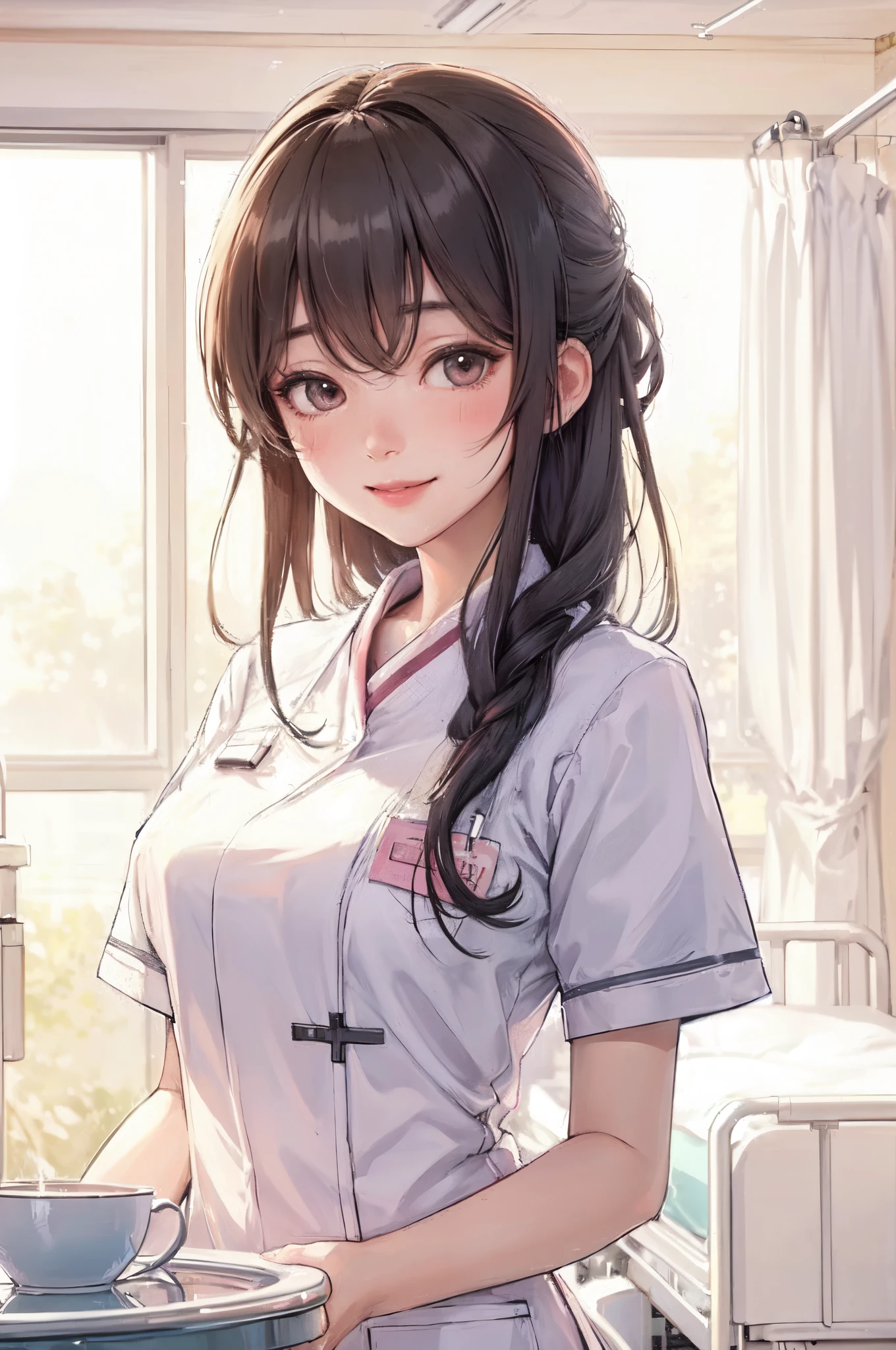 1lady solo, nurse, /(nurse uniform/), mature female, /(black hair/), blush kind smile, (masterpiece best quality:1.3) delicate illustration ultra-detailed, large breasts BREAK /(hospital indoors/) window