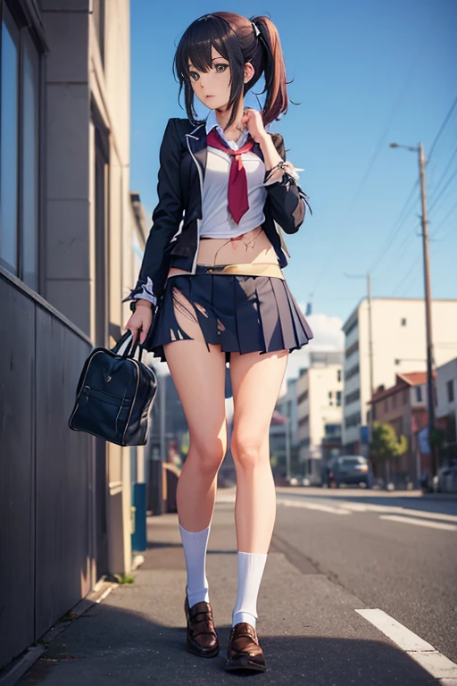 anime, 2d, a girl in a school uniform, (torn clothes:1.3)
