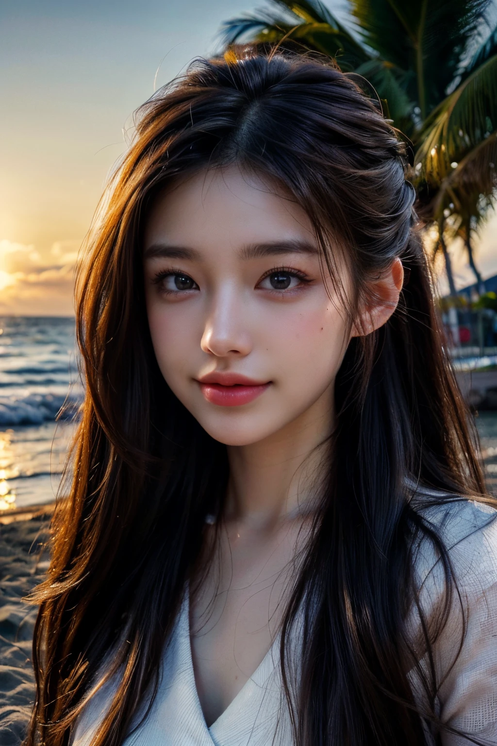 Mustepiece, top quality, illustration, ultra-definition, fine details, high resolution, 8K wallpaper, perfect dynamic composition, beautiful detailed eyes, wearing a dress, natural color lips, beach, random cute pose, perfect and beautiful face , cute, sexy face, sunset, feminine face