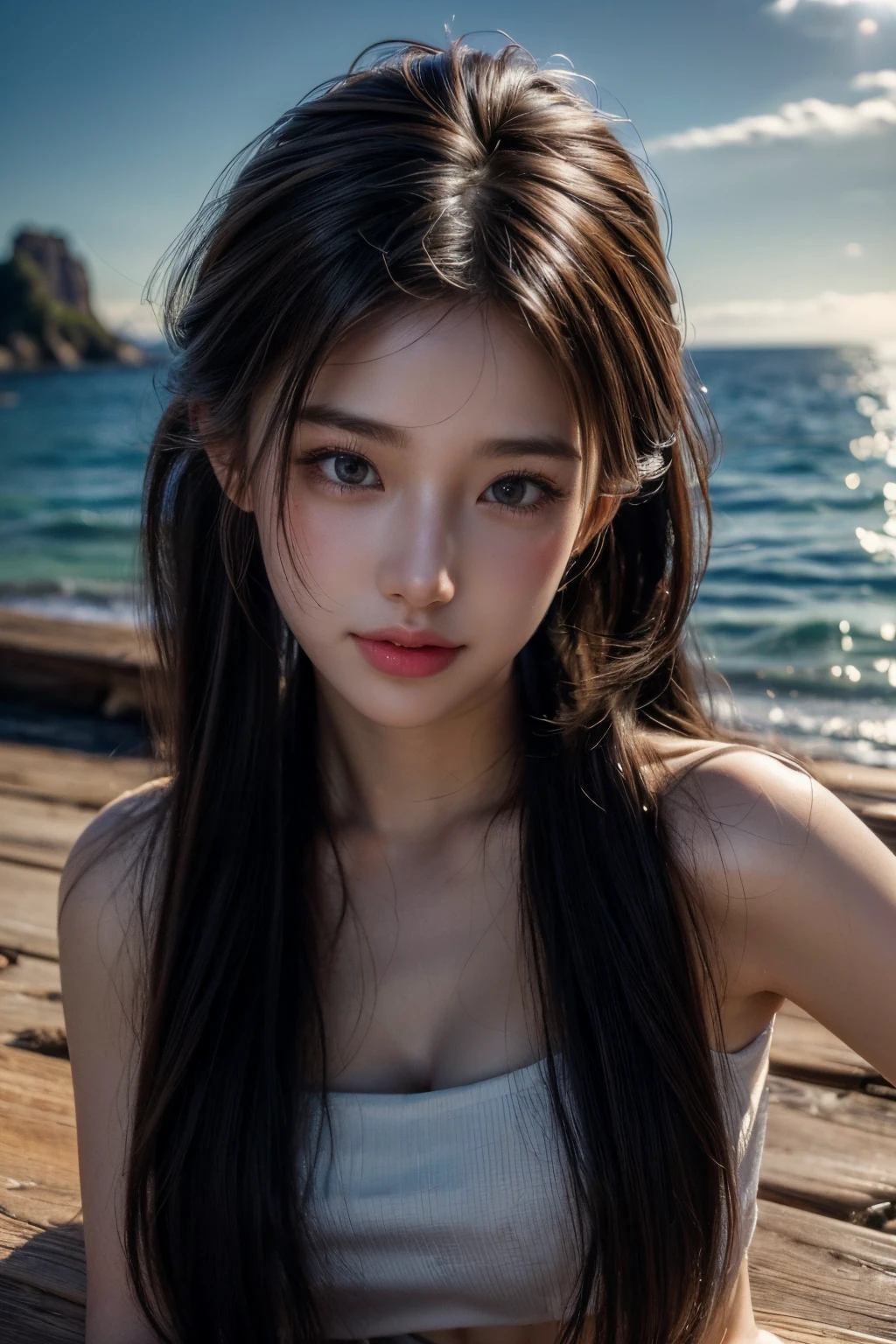 A woman with long hair sitting on a wooden dock near the ocean - SeaArt AI