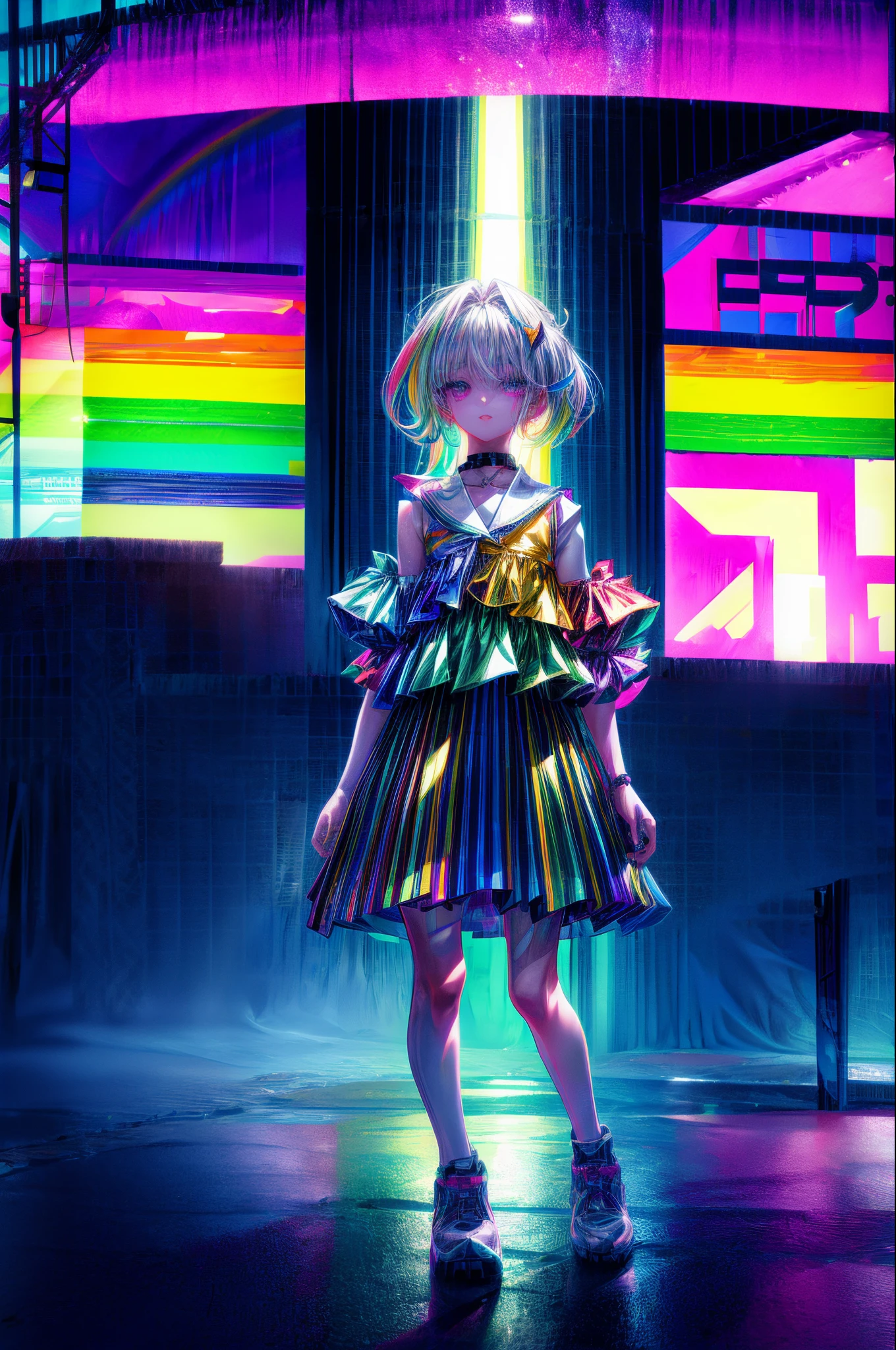 Rainbow on background、Irridescent color、colourfull、top-quality、超A high resolution、(Photorealsitic:1.4)、Female 1 Person、Sleeveless white buttoned shirt、Black skirt、Black Choker、cute little、(Kpop Idle)、(attractiveness:1)、(Platinum Blonde Hair:1)、((Puffy eyes))、Look at the viewer、full body Esbian、Facing the front