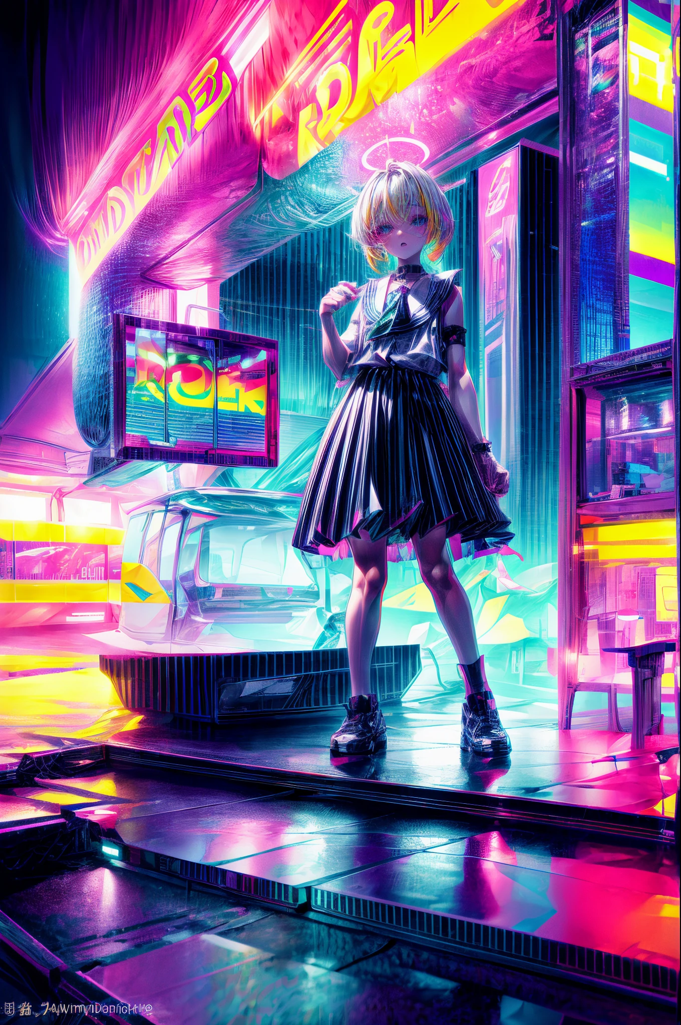 Rainbow on background、Irridescent color、colourfull、top-quality、超A high resolution、(Photorealsitic:1.4)、Female 1 Person、Sleeveless white buttoned shirt、Black skirt、Black Choker、cute little、(Kpop Idle)、(attractiveness:1)、(Platinum Blonde Hair:1)、((Puffy eyes))、Look at the viewer、full body Esbian、Facing the front