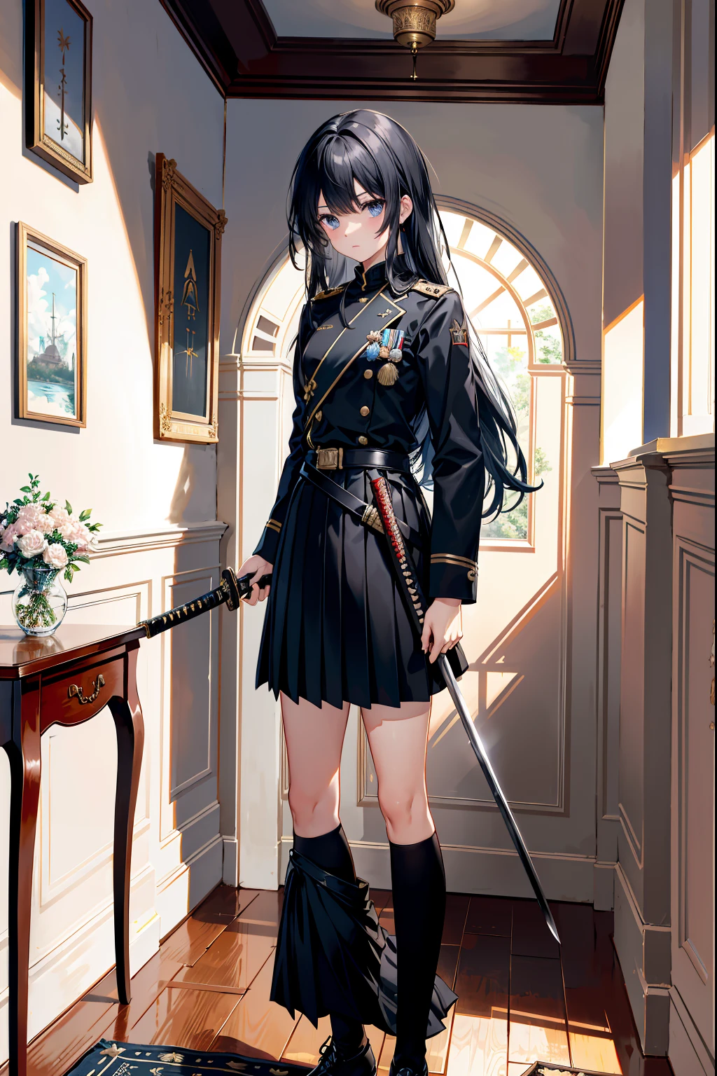 From diagonally front one girls, ((military uniform⁺skirt)) ((having katana;1.2)) Black hair Beautiful long hair Blue eyes Wearing high-ranking military uniform standing with a sword as a cane many medals, (((western style furniture and room))) dignified high definition Highest quality Masterpiece