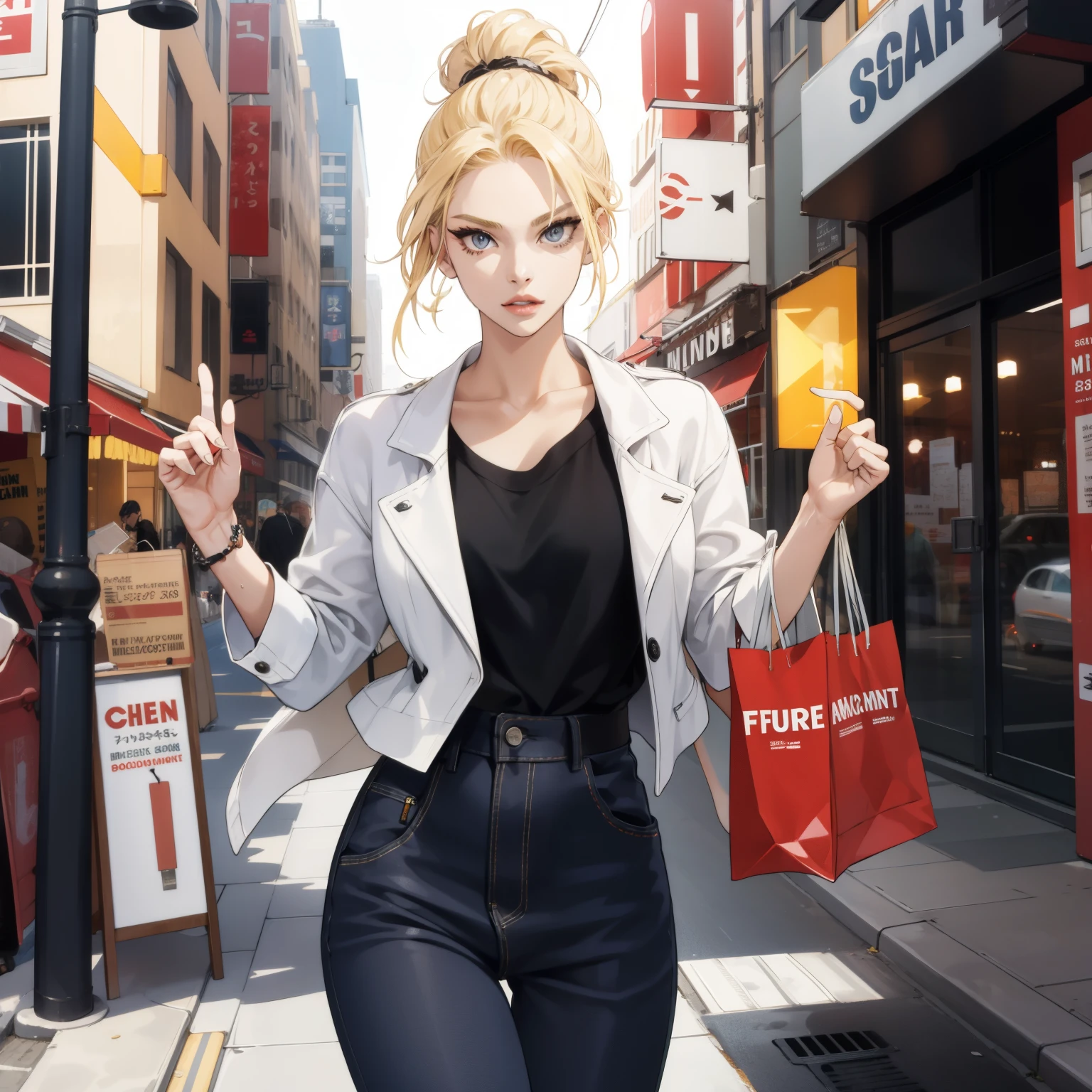 1 girl, model, fierce, defiant, famous model, beautiful, blonde, going shopping