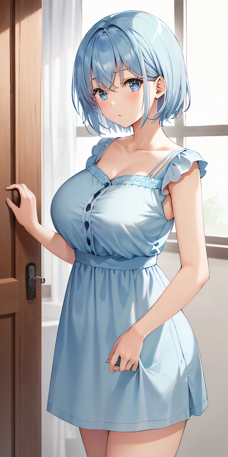 1girl in, 独奏,high-level image quality , light blue short hair,,tits out, large full breasts, Nursing clothing,,